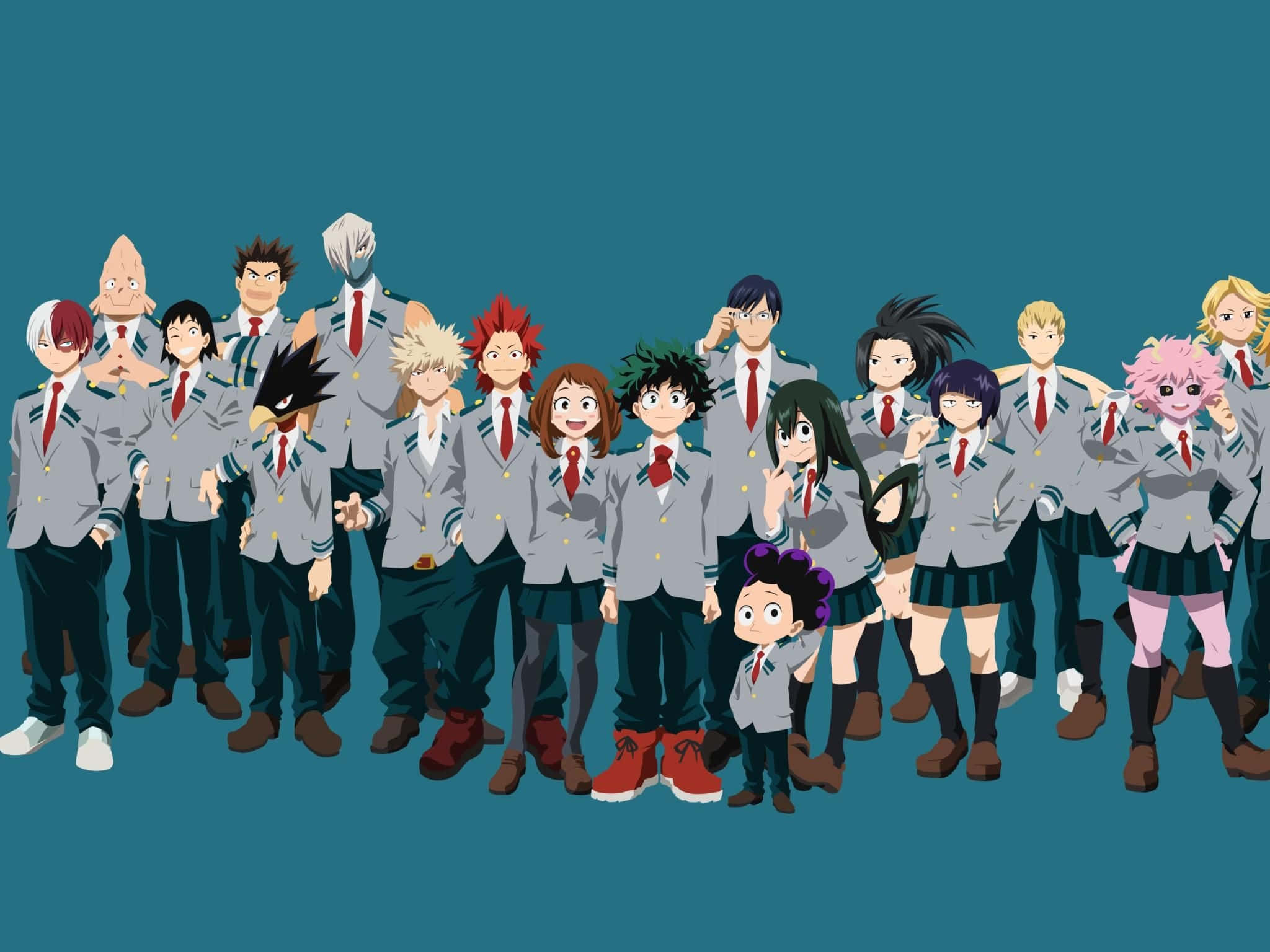 My Hero Academia Anime 桌布 壁紙 — 一群充滿活力的動畫學生穿著相配的灰色制服，在純青色背景前自信地擺姿勢。