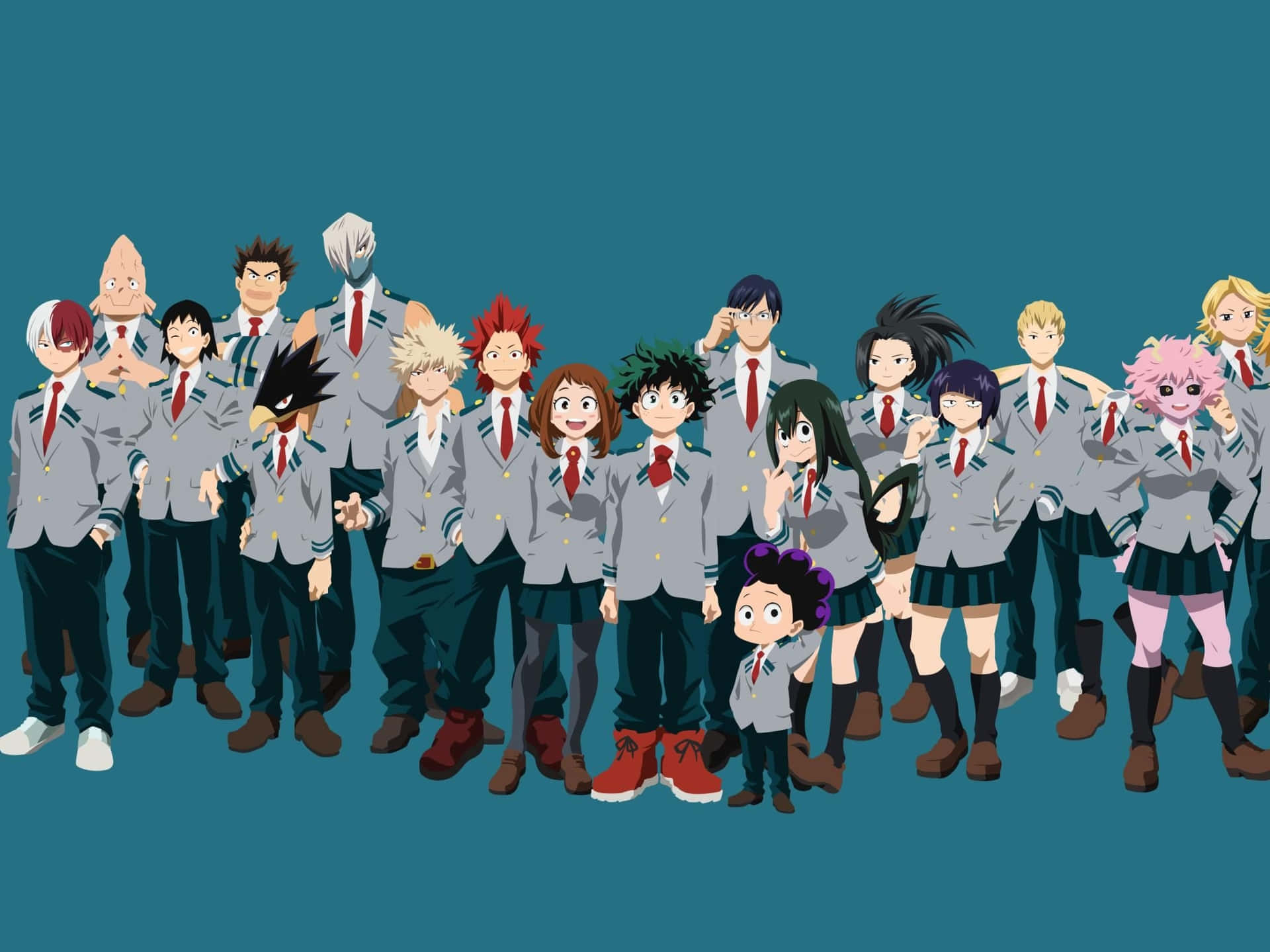 Mha 桌布 壁紙 — 一群充滿活力的動畫學生穿著相配的灰色制服，在純青色背景前自信地擺姿勢。