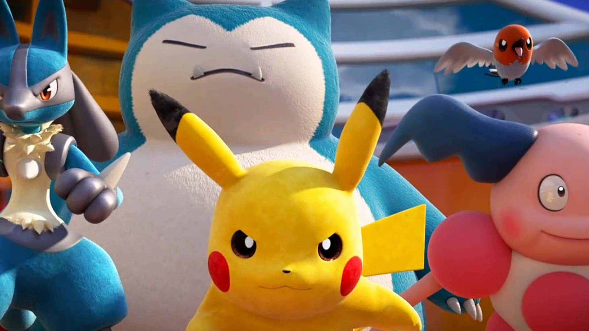Pokemon Toys 桌布 壁紙 — 一群充滿活力的動畫寶可夢角色，包括皮卡丘、路卡利歐等，聚集在歡樂的場景中。