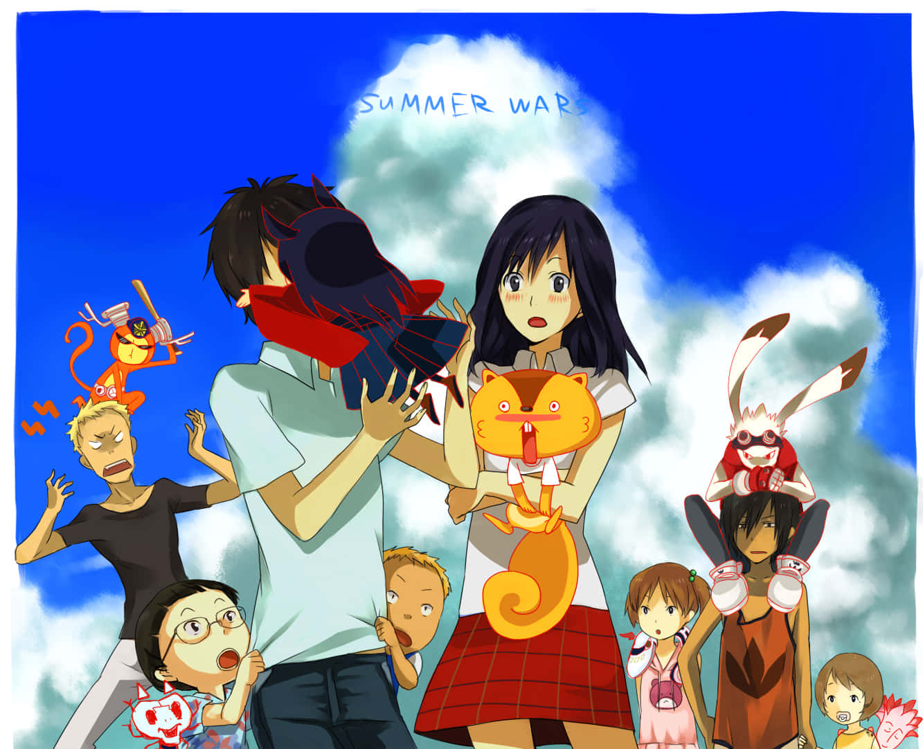 Summer Wars 桌布 壁紙 — 一群充滿活力的動畫小孩和古怪生物站在明亮的藍天下，有蓬鬆的雲朵和漂浮在上方的「SUMMER WARS」文字。