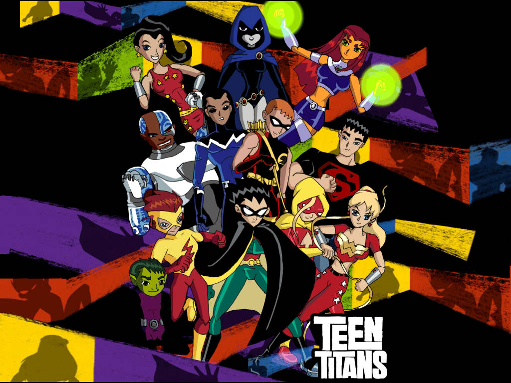 teen titans go 桌布 壁紙 — 一群充滿活力的動畫少年泰坦超級英雄，在色彩繽紛的抽象背景前動態擺姿勢。