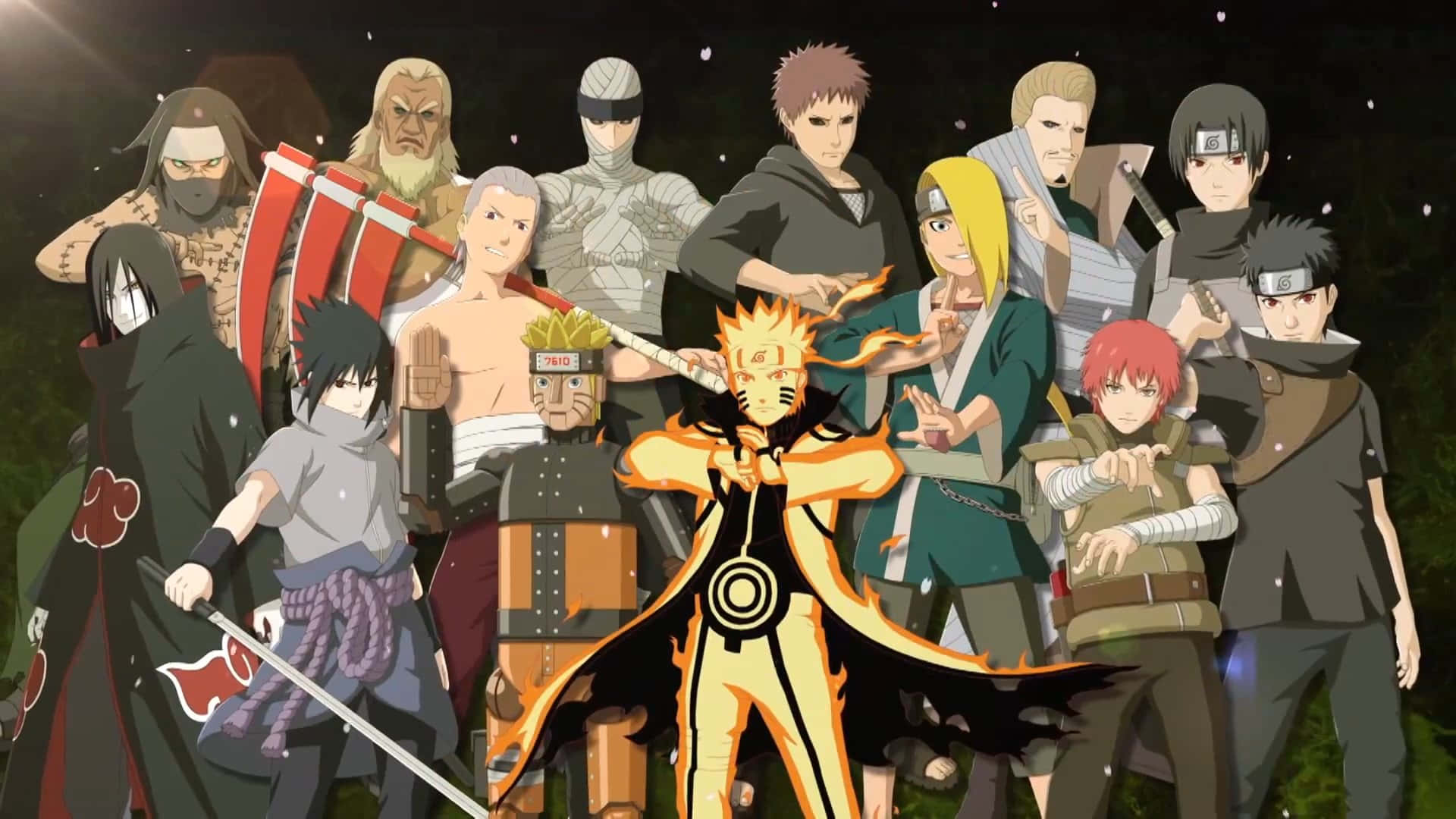 Ninja World 桌布 壁紙 — 一群充滿活力的動畫忍者，在星光燦爛的夜空下，以發光的查克拉效果英勇地擺出姿勢。