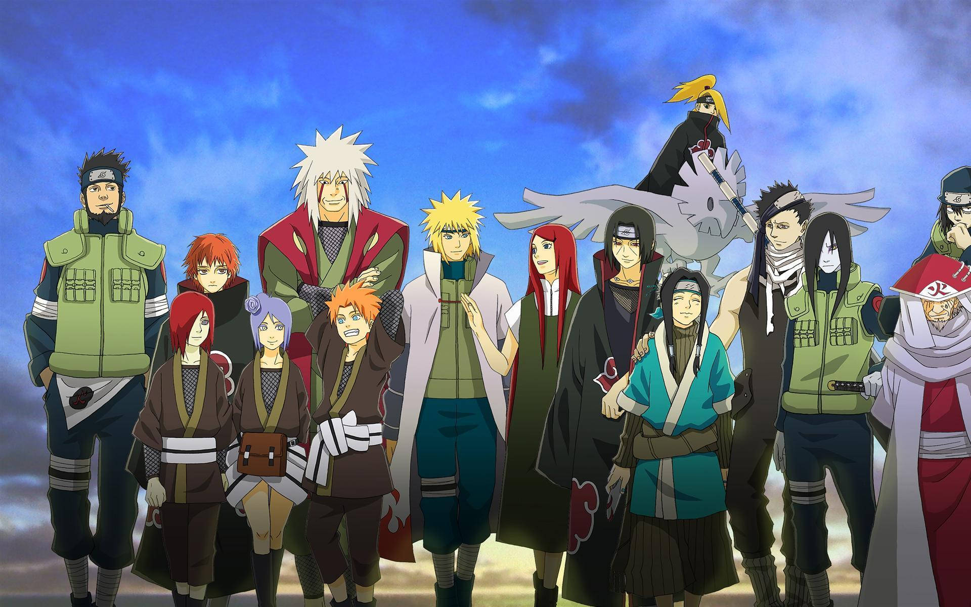 Naruto Shippuden Cool 桌布 壁紙 — 一群充滿活力的動畫忍者站在戲劇性的藍天白雲下。