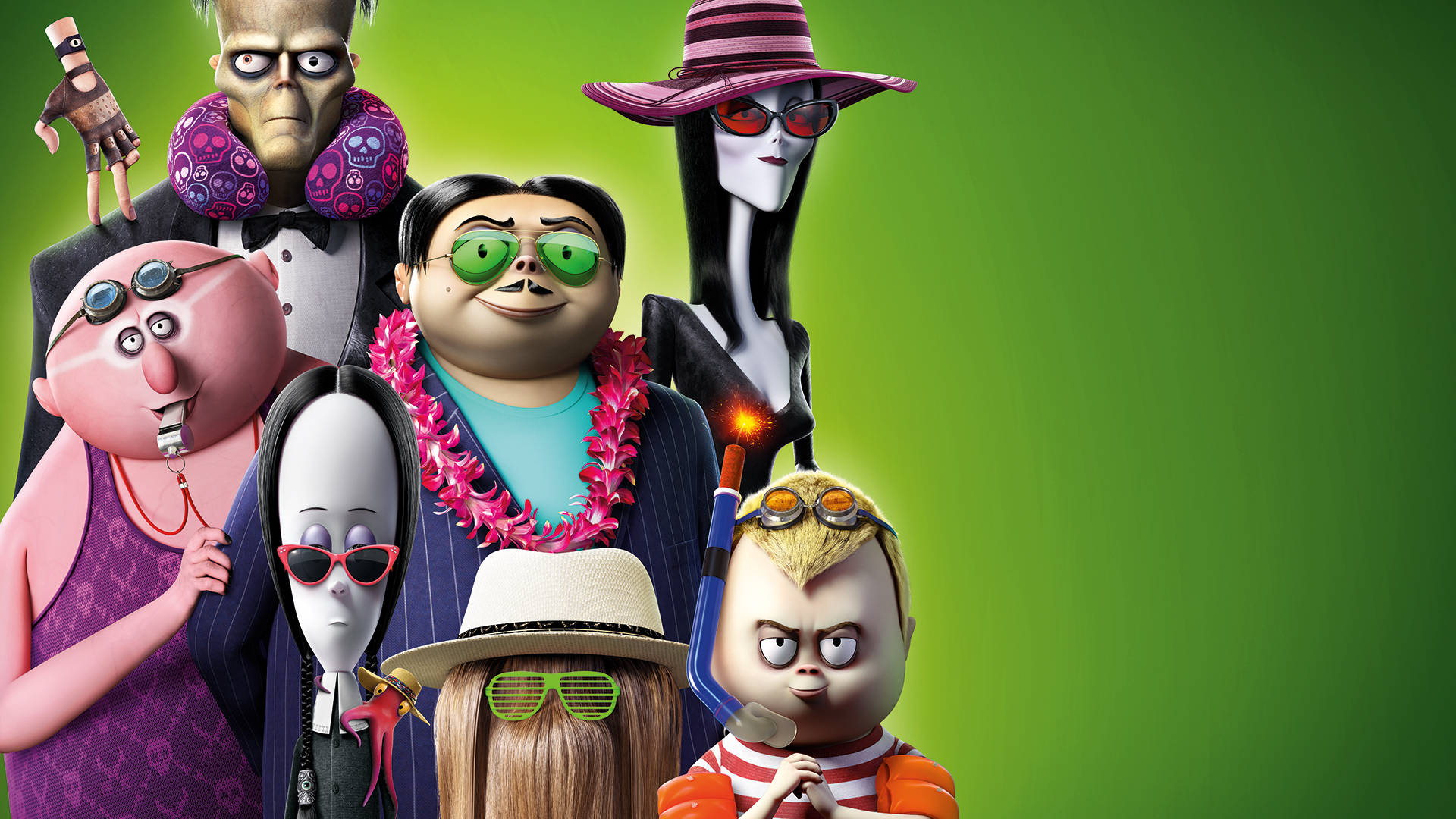 The Addams Family 2 桌布 壁紙 — 一群充滿活力的動畫殭屍角色，戴著色彩繽紛的太陽眼鏡和熱帶服裝，在純綠色背景前擺姿勢。