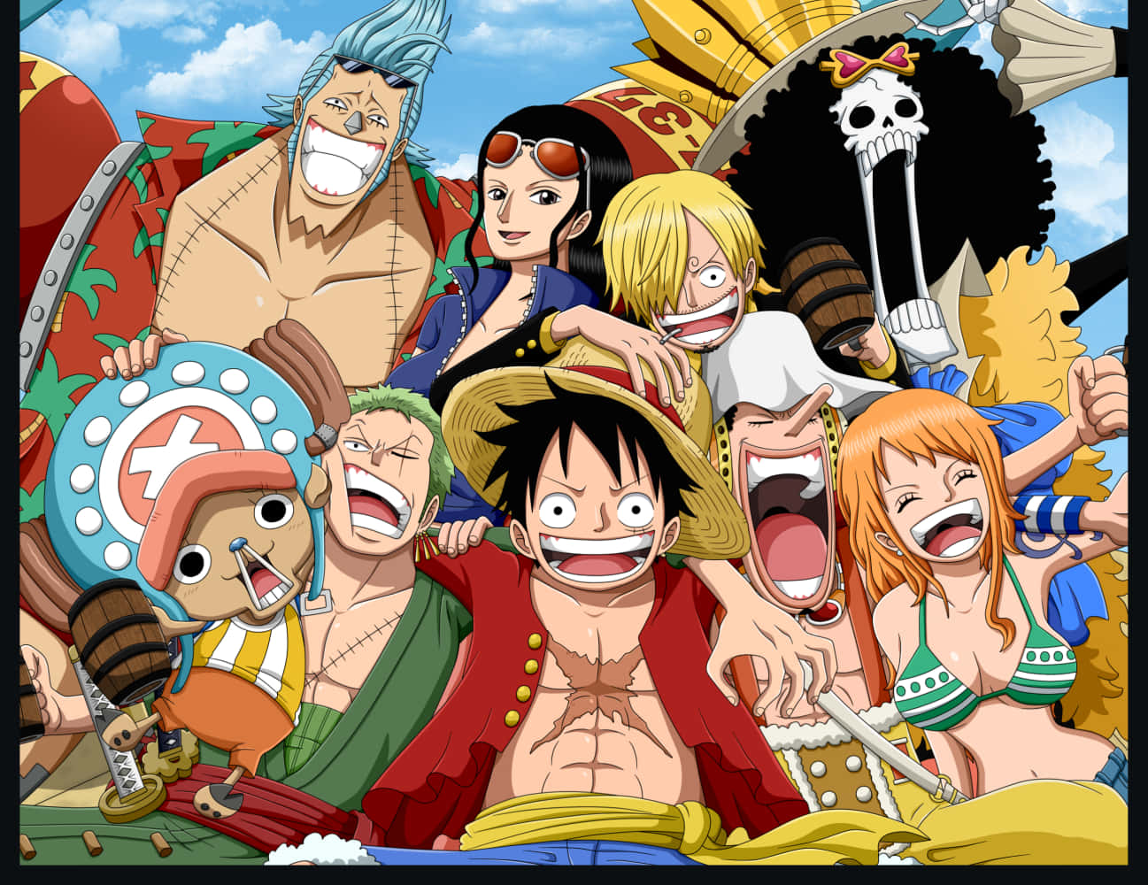 Straw Hat Pirates 桌布 壁紙 — 一群充滿活力的動畫海盜，表情誇張，服裝色彩繽紛，在明亮的藍天下。