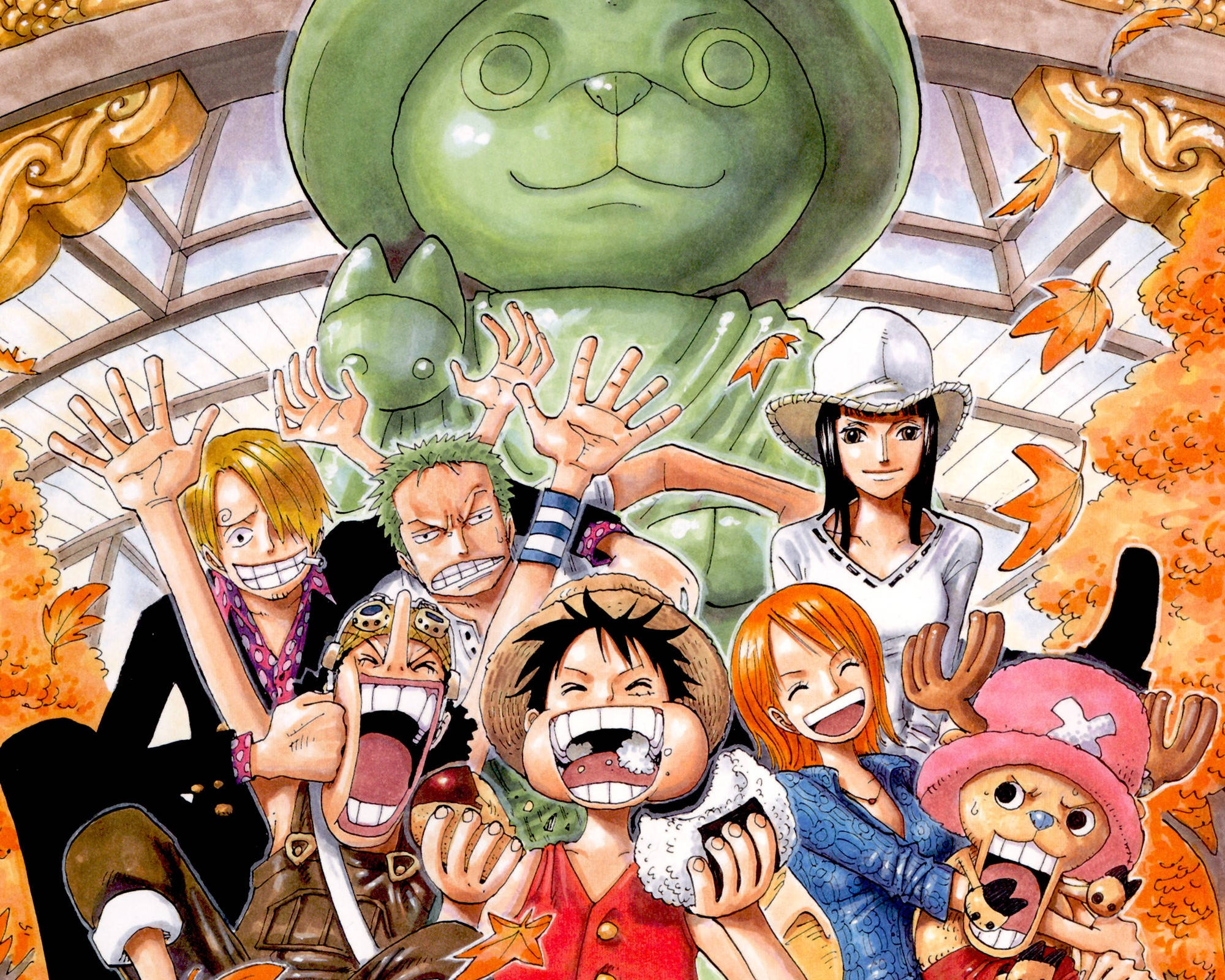 Chopper 桌布 壁紙 — 一群充滿活力的動畫海盜和一個巨大的綠色貓雕像在玻璃屋頂下，在飄落的秋葉中愉快地擺姿勢。