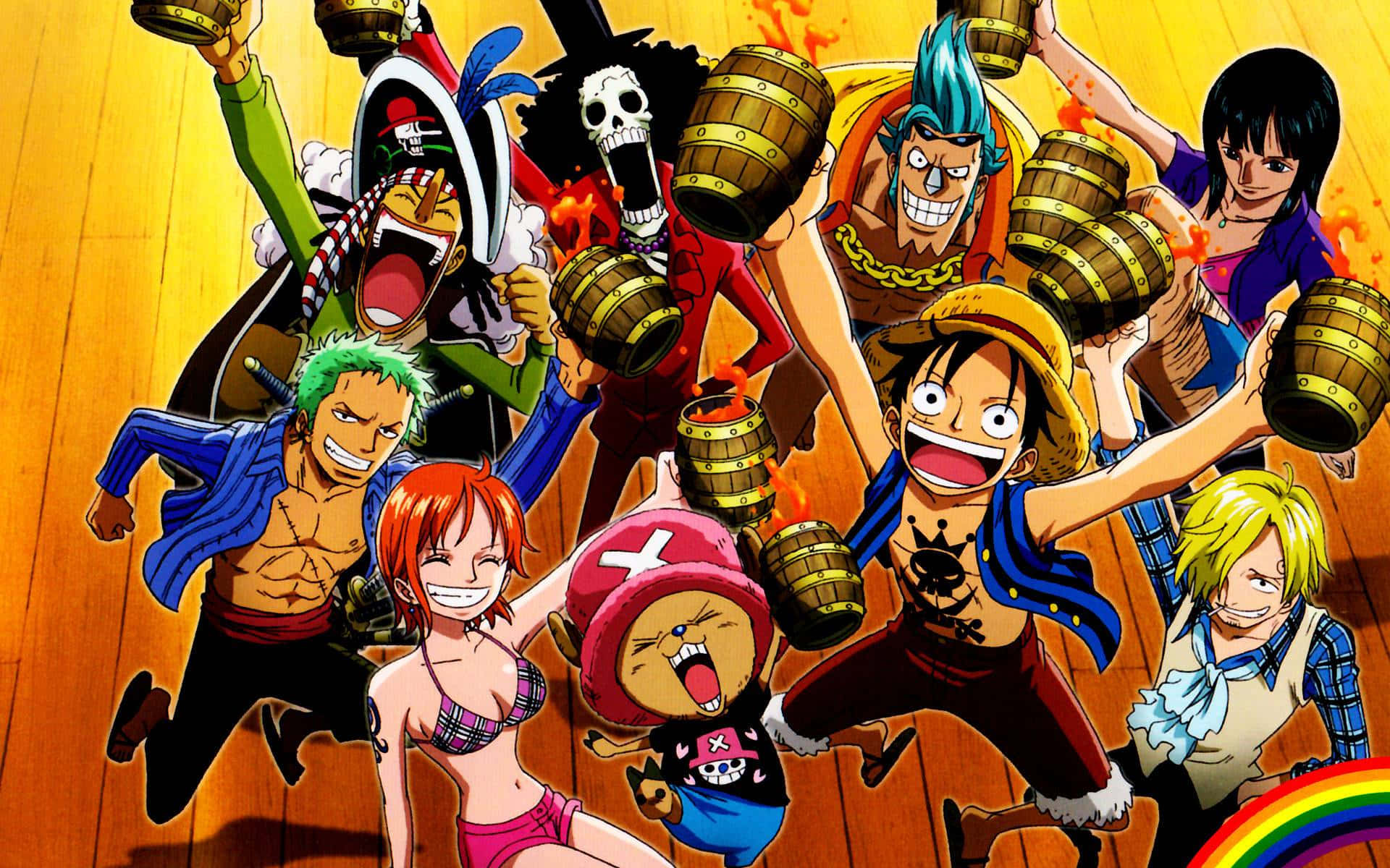 One Piece Characters 桌布 壁紙 — 一群充滿活力的動畫海盜在木甲板上歡快地舉起燃燒的木桶，擺出動態的慶祝姿勢。