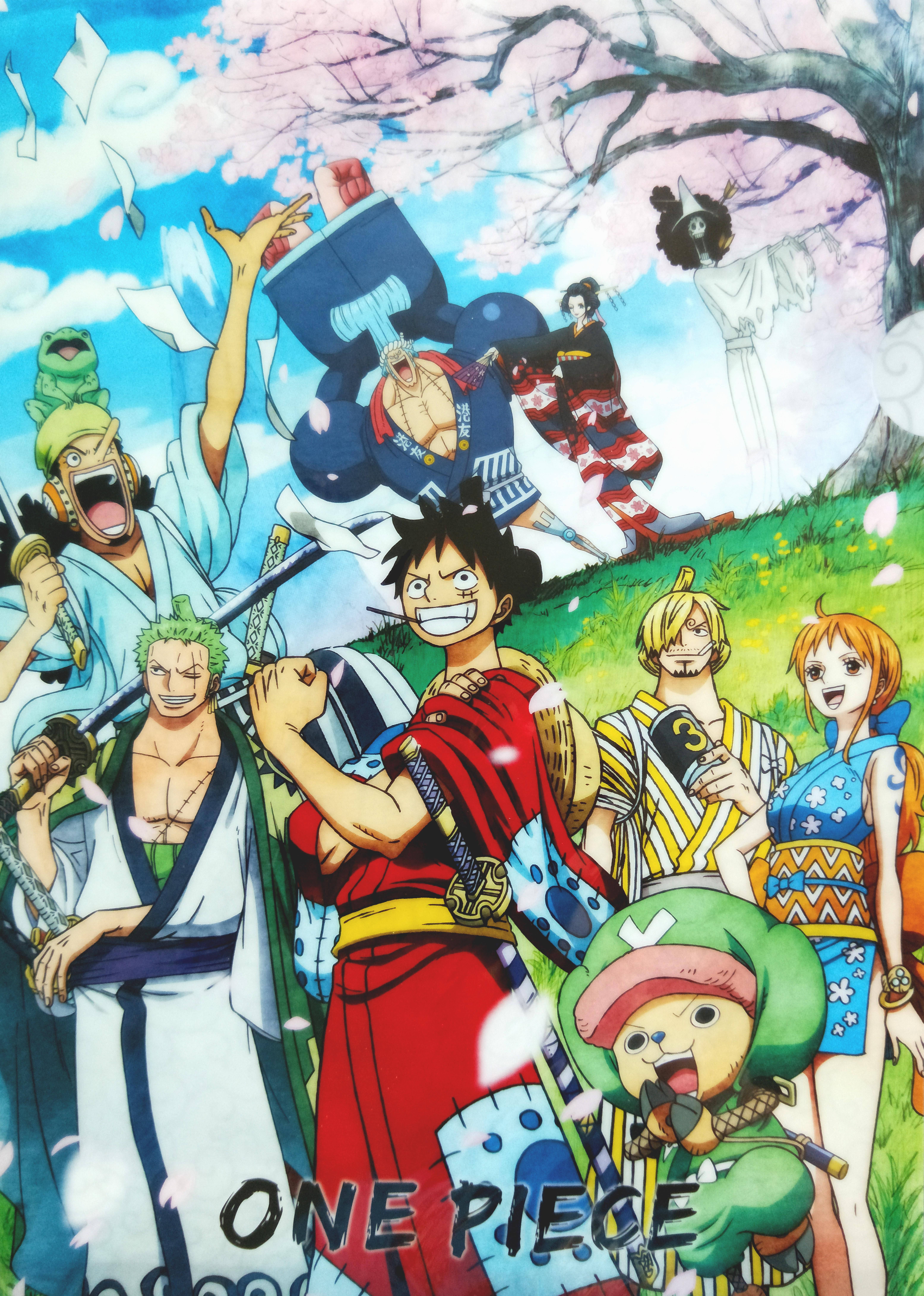 Wano 桌布 壁紙 — 一群充滿活力的動畫海盜在櫻花樹下，花瓣飄落，天空湛藍。
