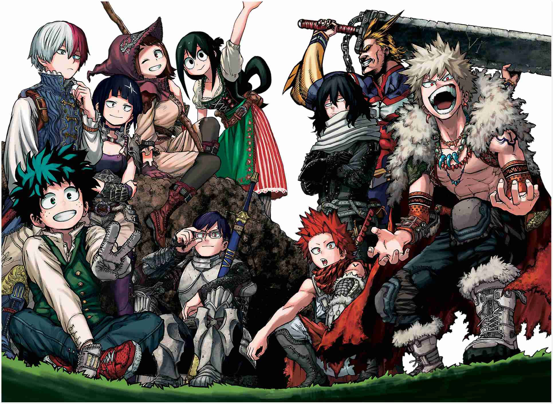 My Hero Academia Anime 桌布 壁紙 — 一群充滿活力的動畫英雄，在草地上擺出動態姿勢，表情豐富，服裝精緻。