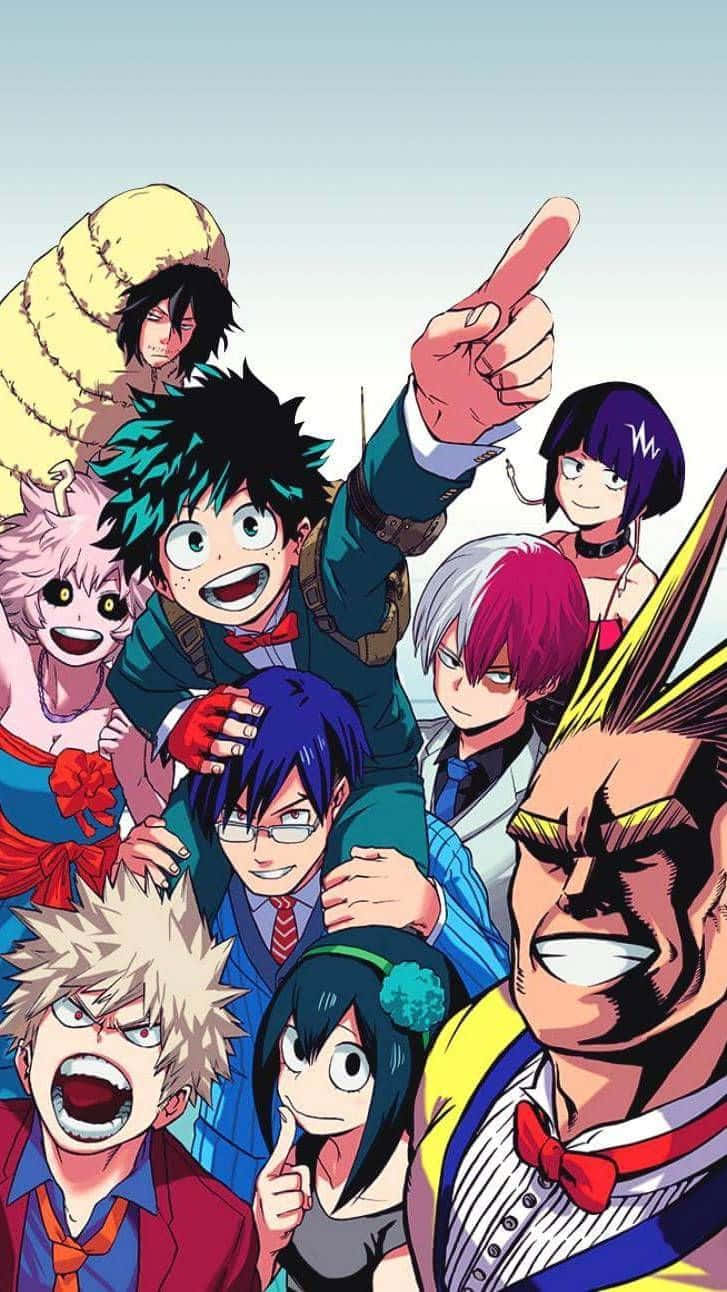 My Hero Academia Anime 桌布 壁紙 — 一群充滿活力的動畫英雄，擁有色彩繽紛的頭髮和動感姿勢，背景是柔和的漸變天空。