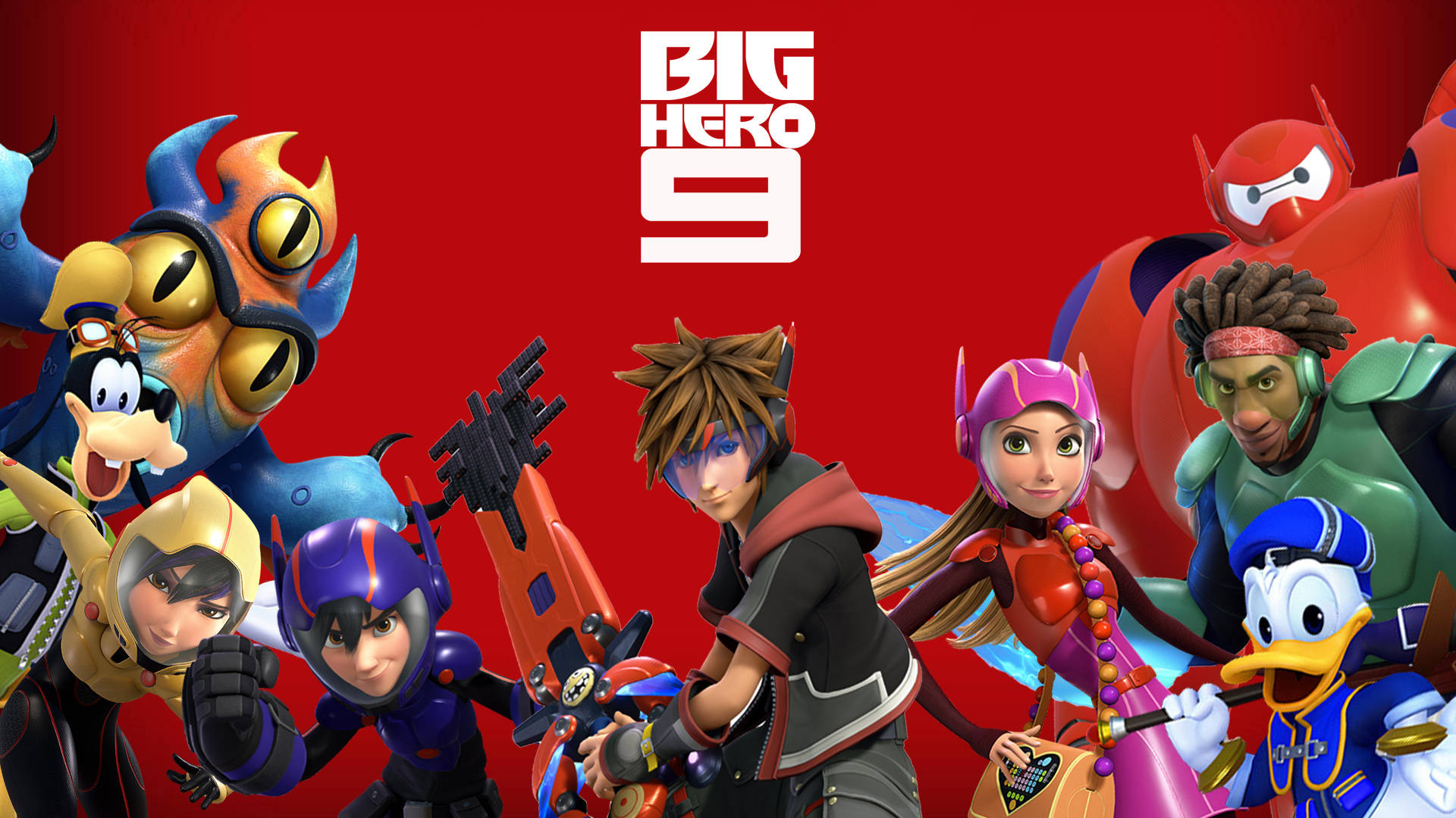Baymax 桌布 壁紙 — 一群充滿活力的動畫英雄和搭檔在帶有 'Big Hero 9' 標誌的醒目紅色背景前自信地擺出姿勢。