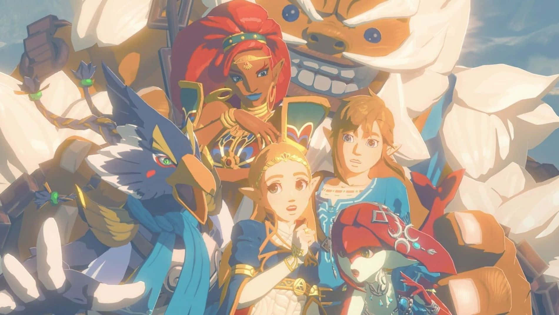 The Legend Of Zelda Daruk 桌布 壁紙 — 一群充滿活力的動畫英雄和盟友，在明亮的天空下並肩站立，身後有一個巨大的石臉若隱若現。