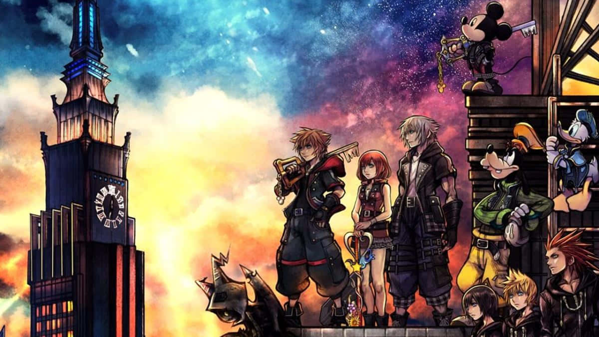 Kingdom Hearts Characters 桌布 壁紙 — 一群充滿活力的動畫英雄站在高聳的鐘樓前，背景是熾熱的夕陽天空。