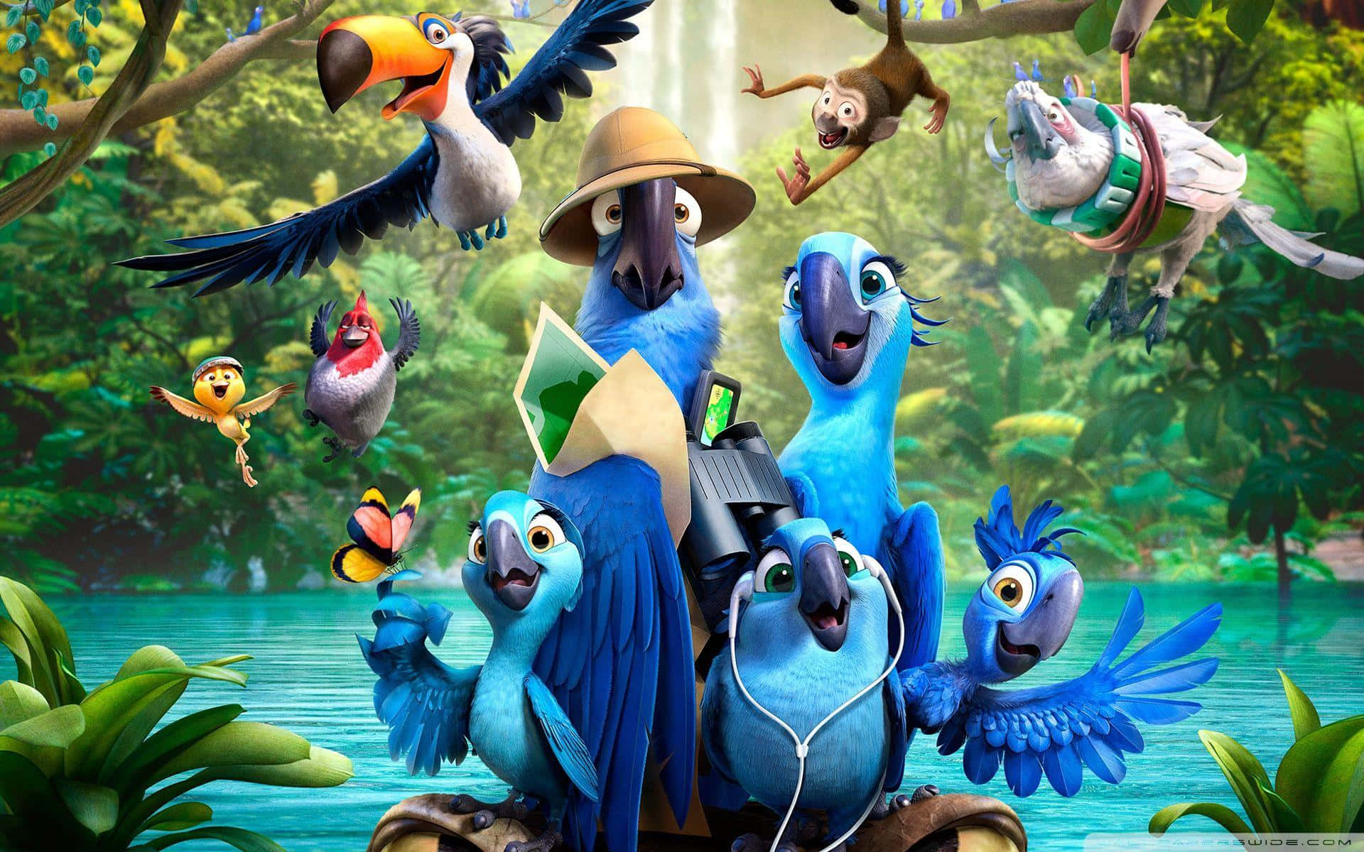 Disney 3d Movies 桌布 壁紙 — 一群充滿活力的動畫藍金剛鸚鵡、巨嘴鳥和猴子在翠綠的叢林中靠近藍綠色的河流歡樂地聚集。