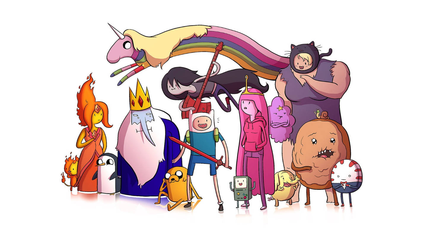 adventure 桌布 壁紙 — 一群充滿活力的動畫角色，包括彩虹獨角獸、火焰公主和戴皇冠的國王，一起站在白色背景前。