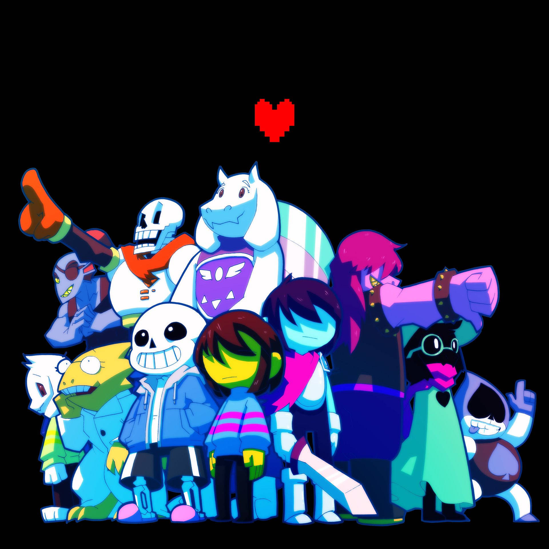 Deltarune 桌布 壁紙 — 一群充滿活力的動畫角色，帶有發光輪廓和鮮豔色彩，在黑色背景上與一個漂浮的紅色心形一起擺姿勢。
