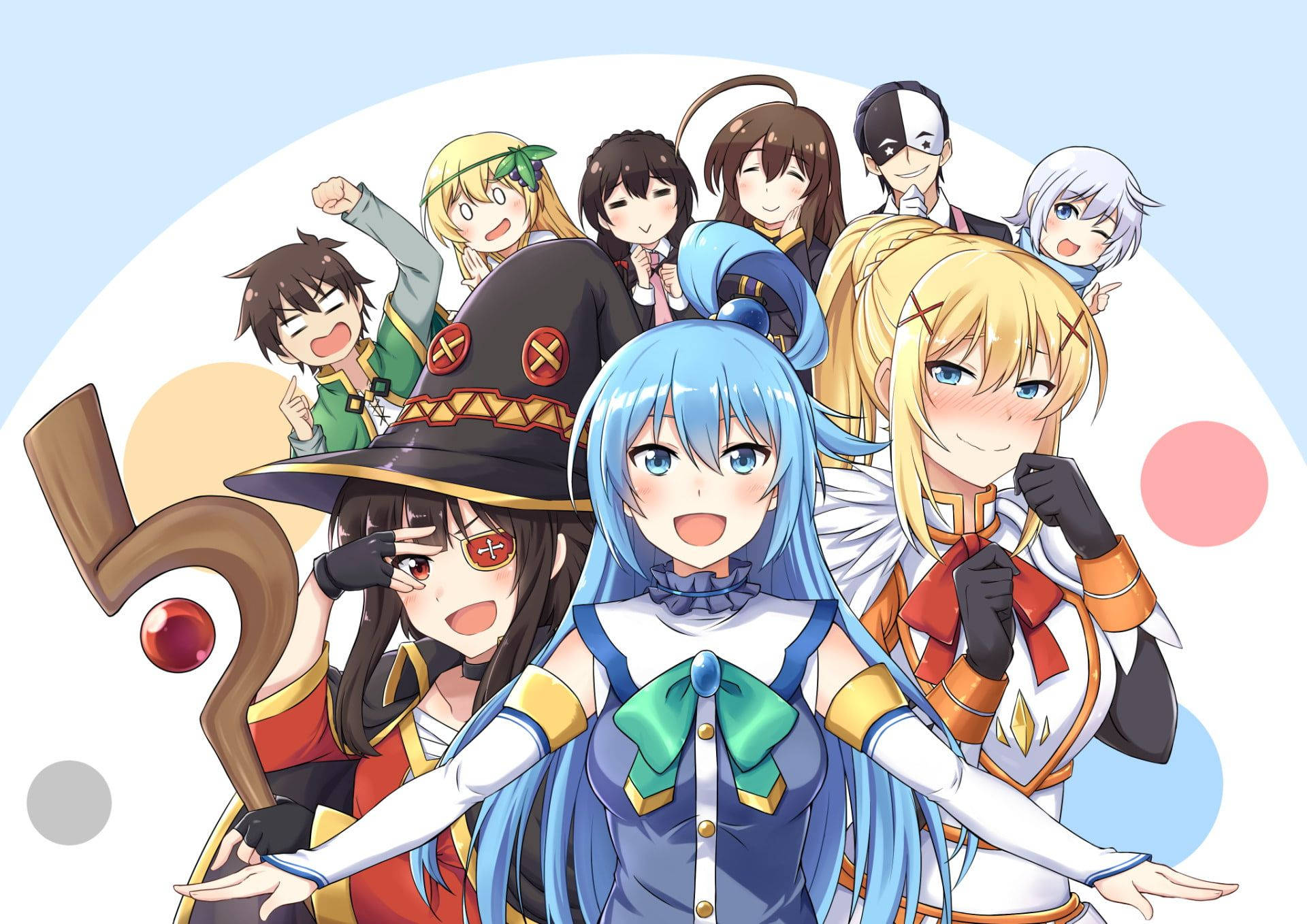 Konosuba 桌布 壁紙 — 一群充滿活力的動畫角色，穿著色彩繽紛的奇幻服裝，在柔和的粉彩背景前一起擺姿勢。