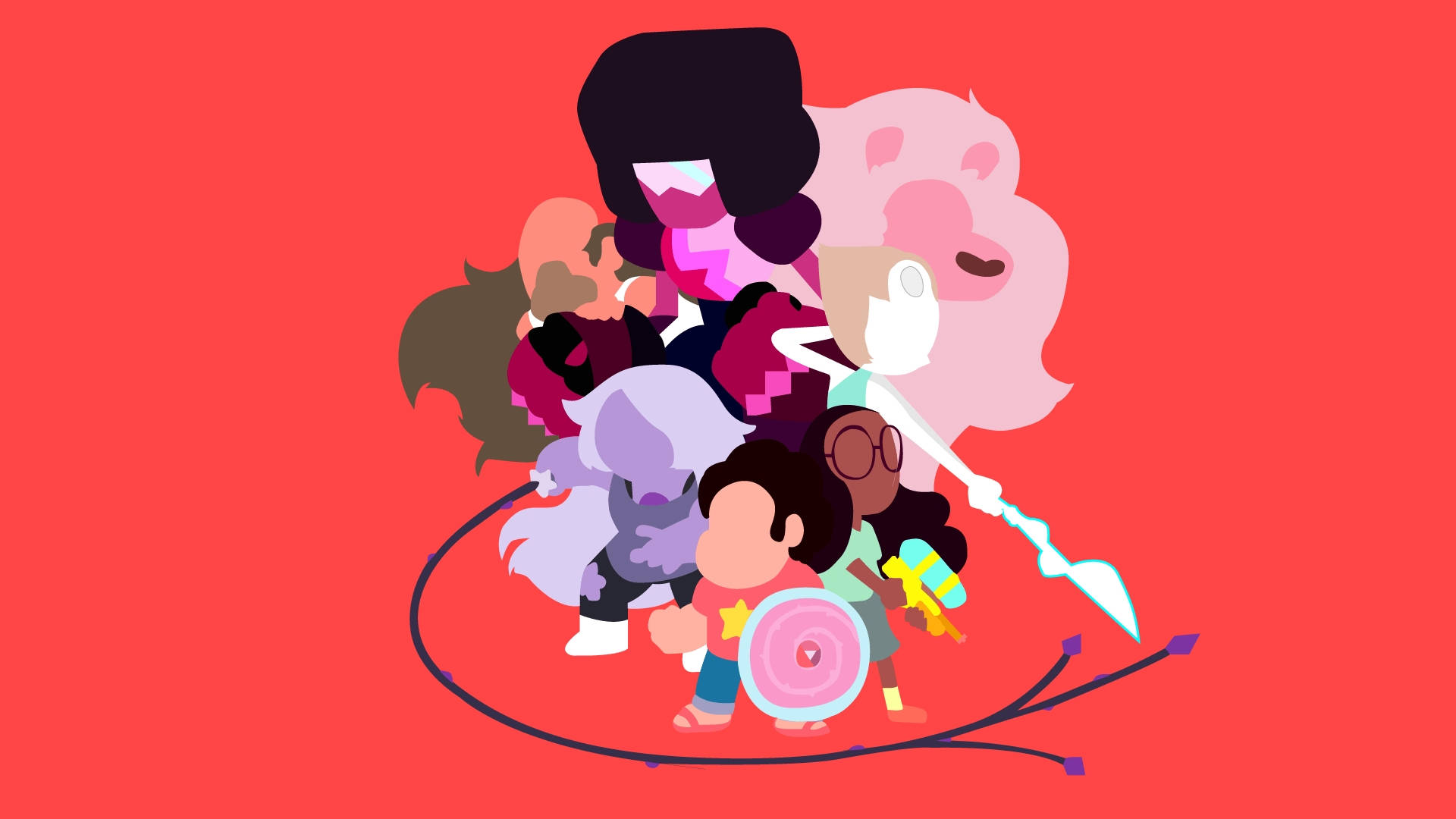 Cartoon Network 桌布 壁紙 — 一群充滿活力的動畫角色在純紅色背景上擺出動態姿勢。