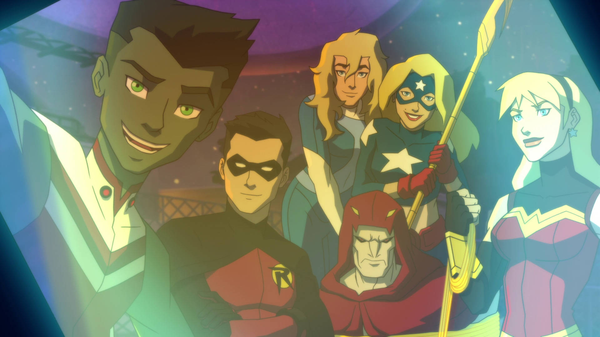 Young Justice 桌布 壁紙 — 一群充滿活力的動畫超級英雄在閃爍霓虹色調的宇宙星空背景下自信地擺出姿勢。
