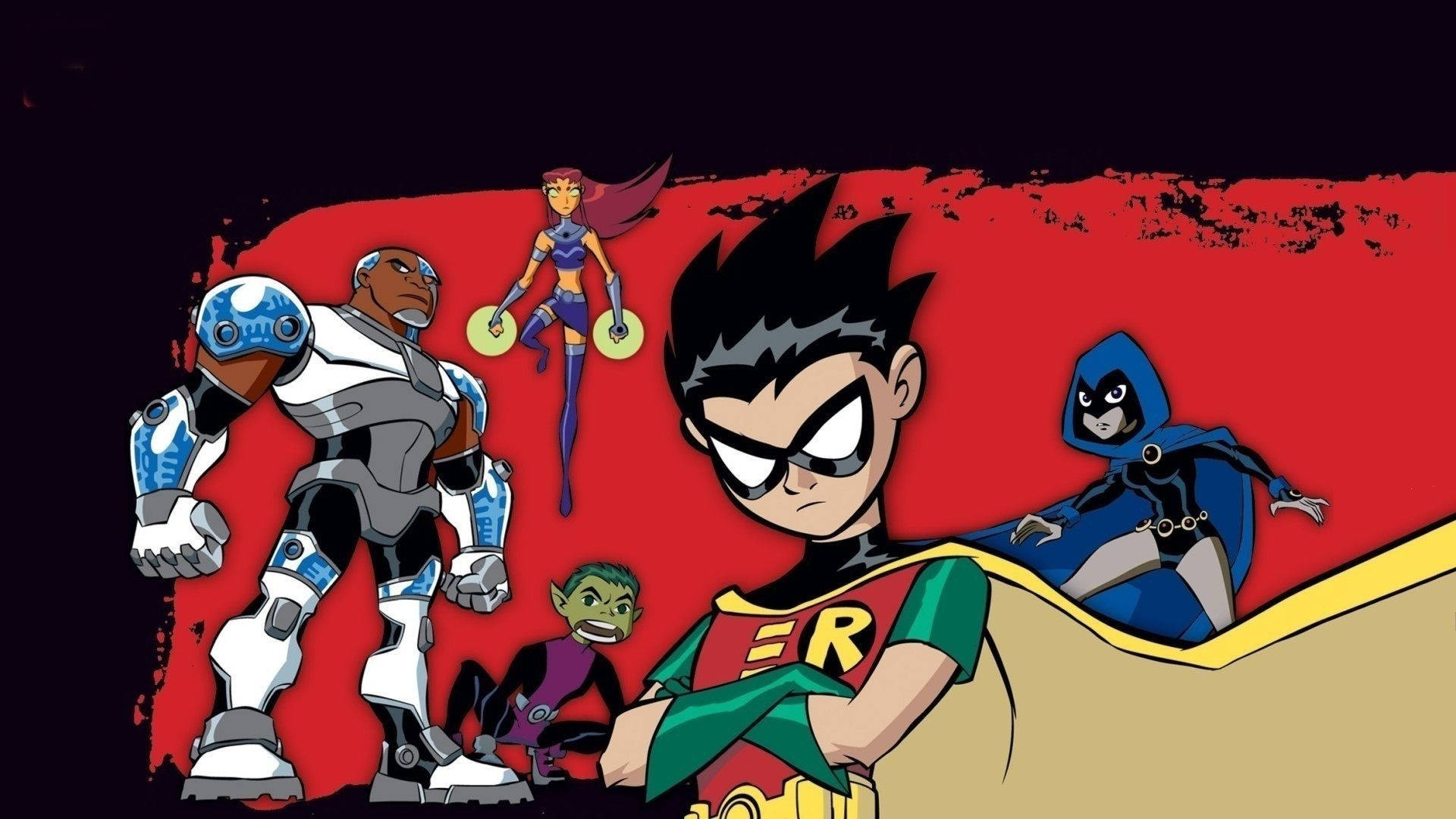 teen titans go 桌布 壁紙 — 一群充滿活力的動畫超級英雄青少年，在鮮明的紅黑背景下英勇擺姿勢。