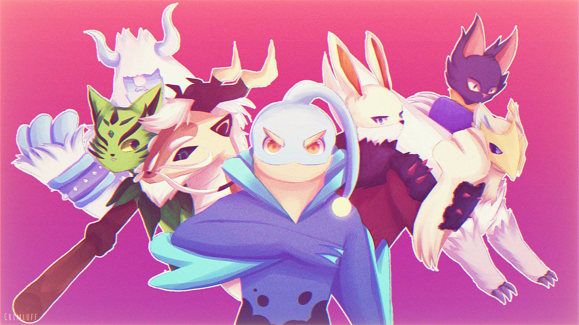 loomian legacy 桌布 壁紙 — 一群充滿活力的動畫風格擬人化動物角色，擁有色彩繽紛的毛髮和富有表現力的眼睛，在純粉紅色背景前自信地擺姿勢。