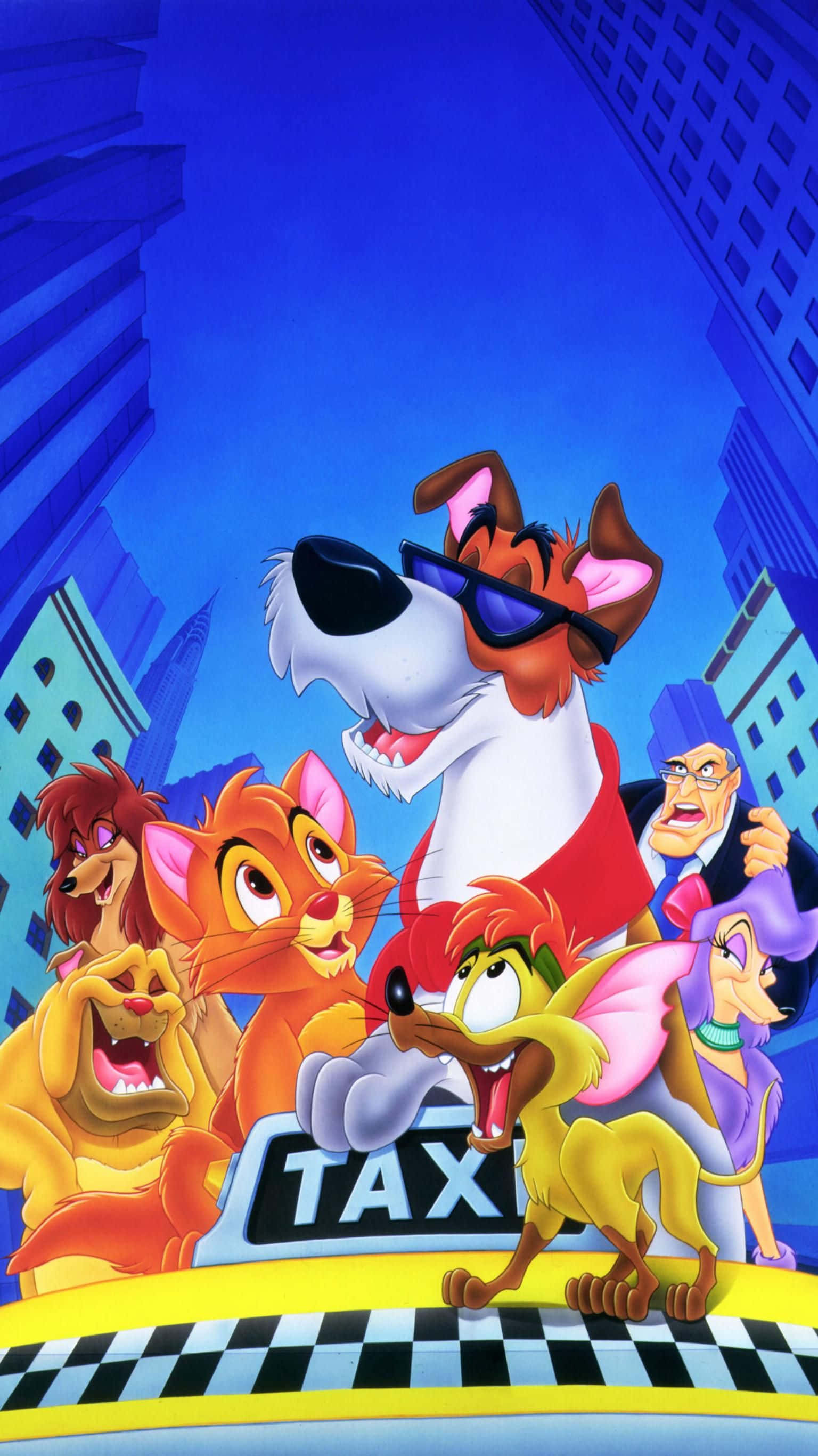 oliver and company 桌布 壁紙 — 一群充滿活力的卡通擬人化動物在黃色計程車頂上愉快地擺姿勢，背景是風格化的藍色城市景觀。
