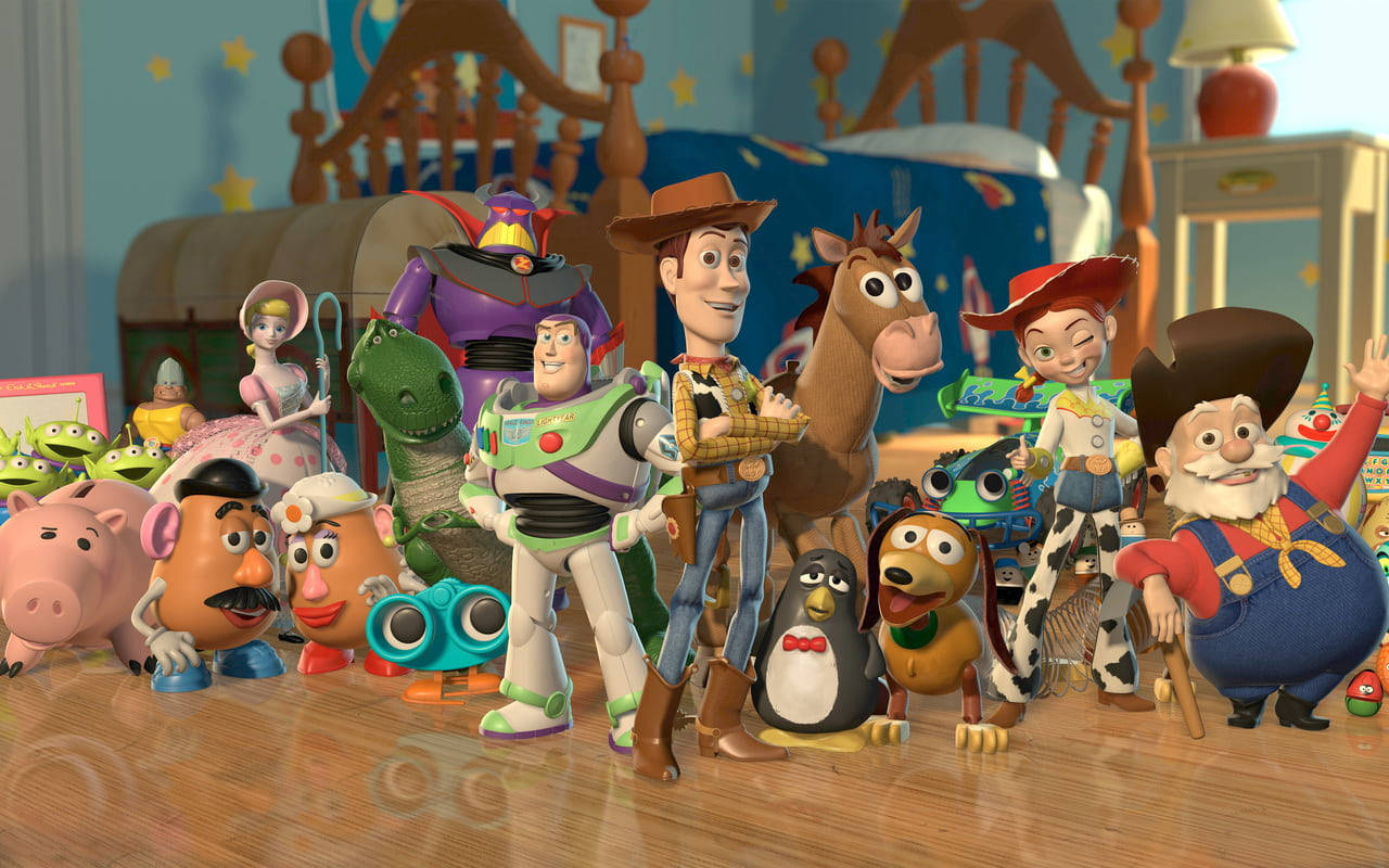 Toy Story 3 桌布 壁紙 — 一群充滿活力的心愛動畫玩具，包括胡迪、巴斯光年和潔西，一起站在兒童臥室中。