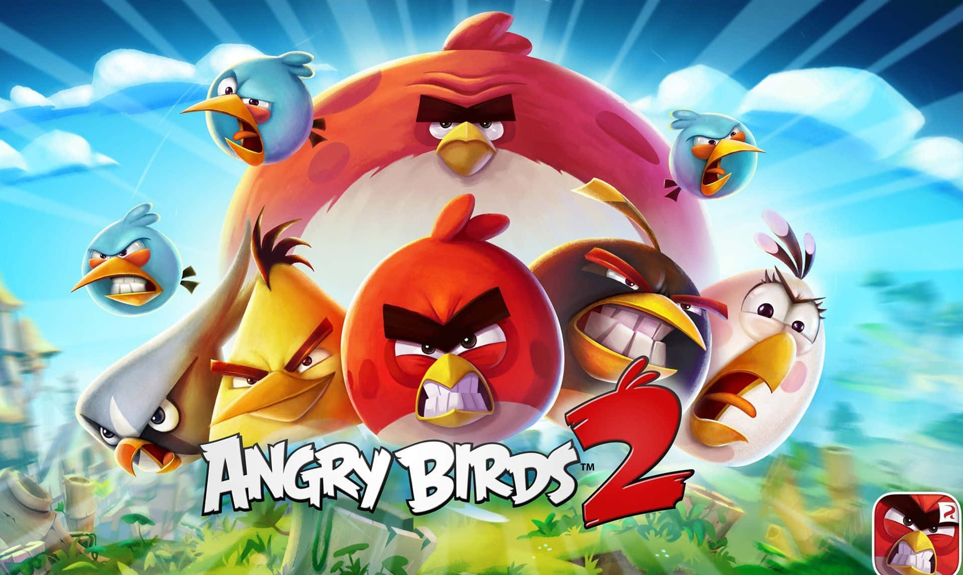 Angry Birds 桌布 壁紙 — 一群充滿活力的憤怒卡通鳥，帶著兇猛的表情，在藍天白雲和陽光的襯托下飛翔。