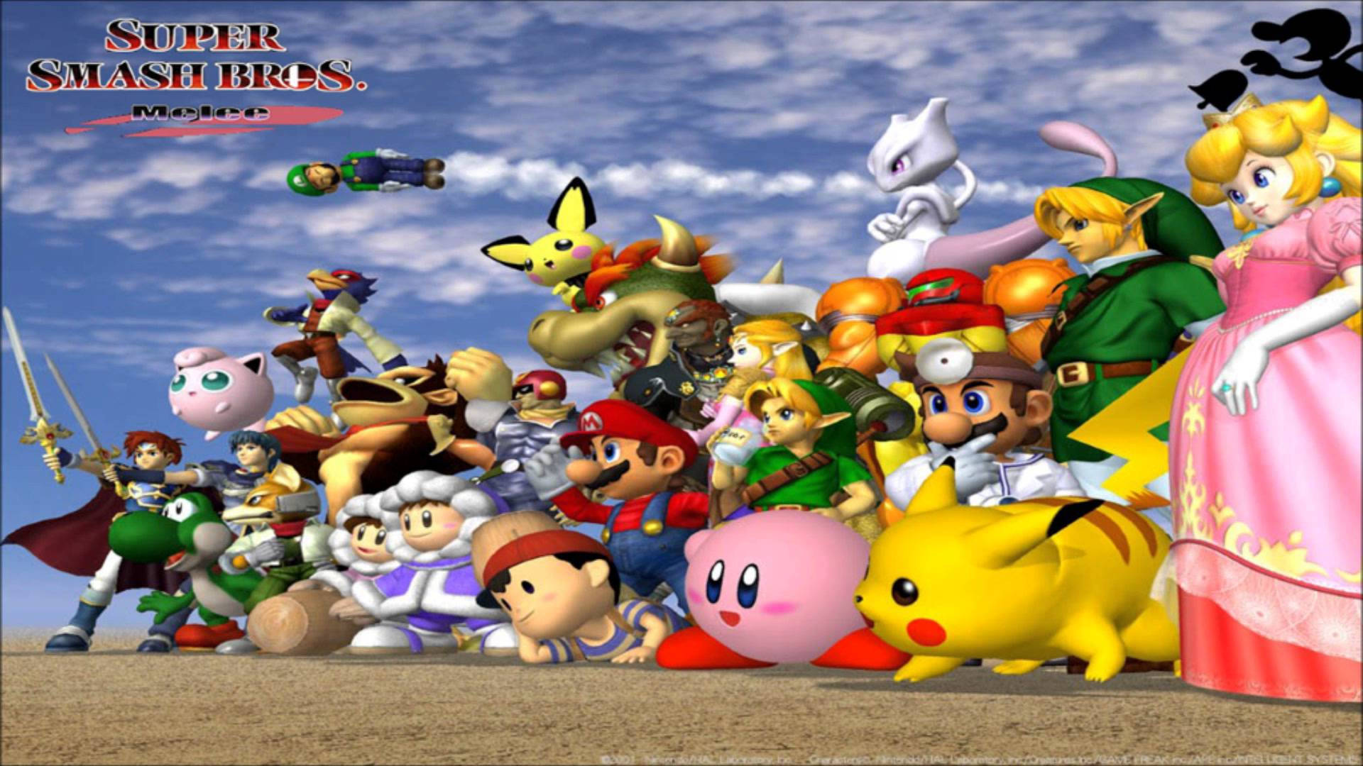 Smash Bros Ultimate 桌布 壁紙 — 一群充滿活力的標誌性《任天堂明星大亂鬥DX》角色在晴朗藍天白雲下一起擺姿勢。