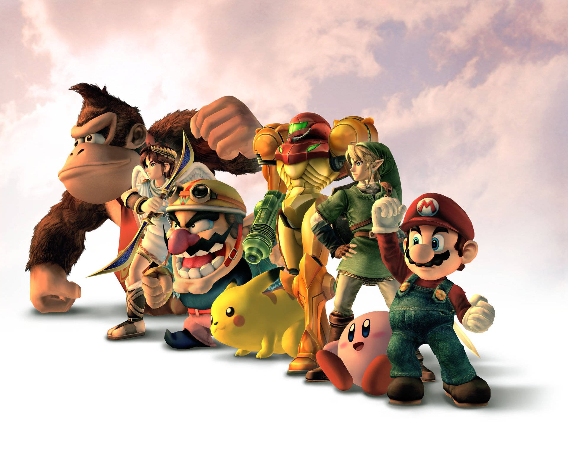 Smash Bros Ultimate 桌布 壁紙 — 一群充滿活力的標誌性電子遊戲角色，包括瑪利歐、森喜剛和林克，在柔和的雲天背景下英勇地擺出姿勢。