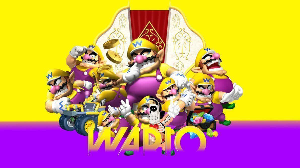 wario 桌布 壁紙 — 一群充滿活力的瓦利歐角色，身穿紫色和黃色裝備，在醒目的紫色和黃色漸層背景前充滿活力地擺出姿勢。