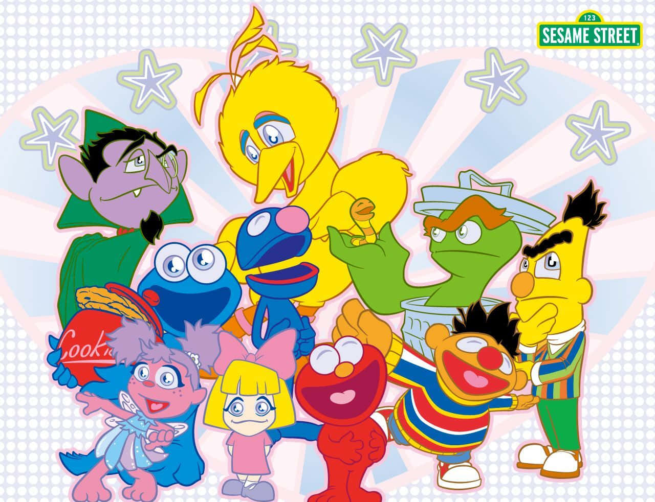 芝麻街 桌布 壁紙 — 一群充滿活力的芝麻街角色，包括 Elmo、Cookie Monster 和 Big Bird，在星形放射狀背景前開心地擺姿勢。