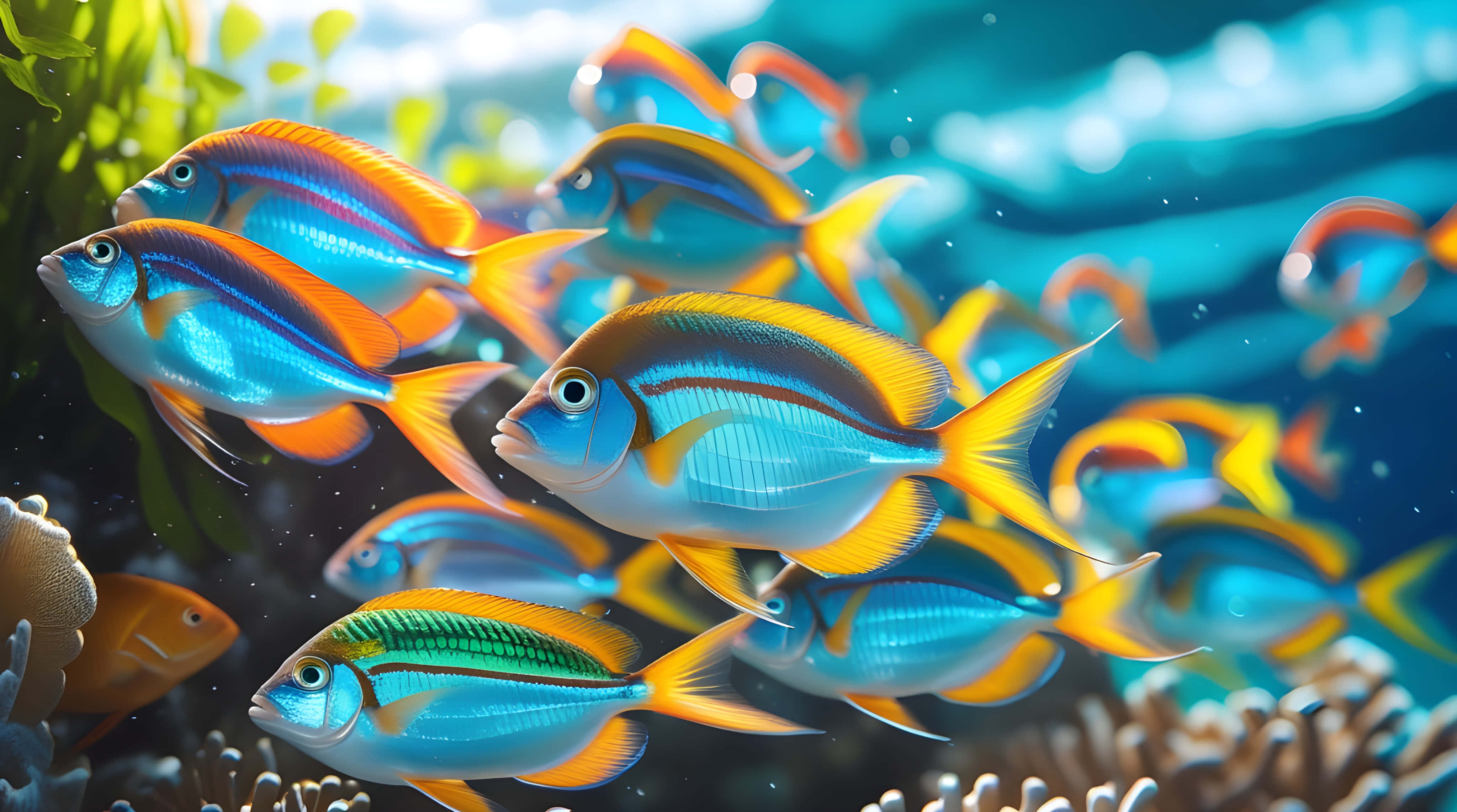 水下動畫 桌布 壁紙 — 一群充滿活力的藍色、橙色和黃色熱帶魚，在陽光照射的珊瑚礁水域中優雅地游動。