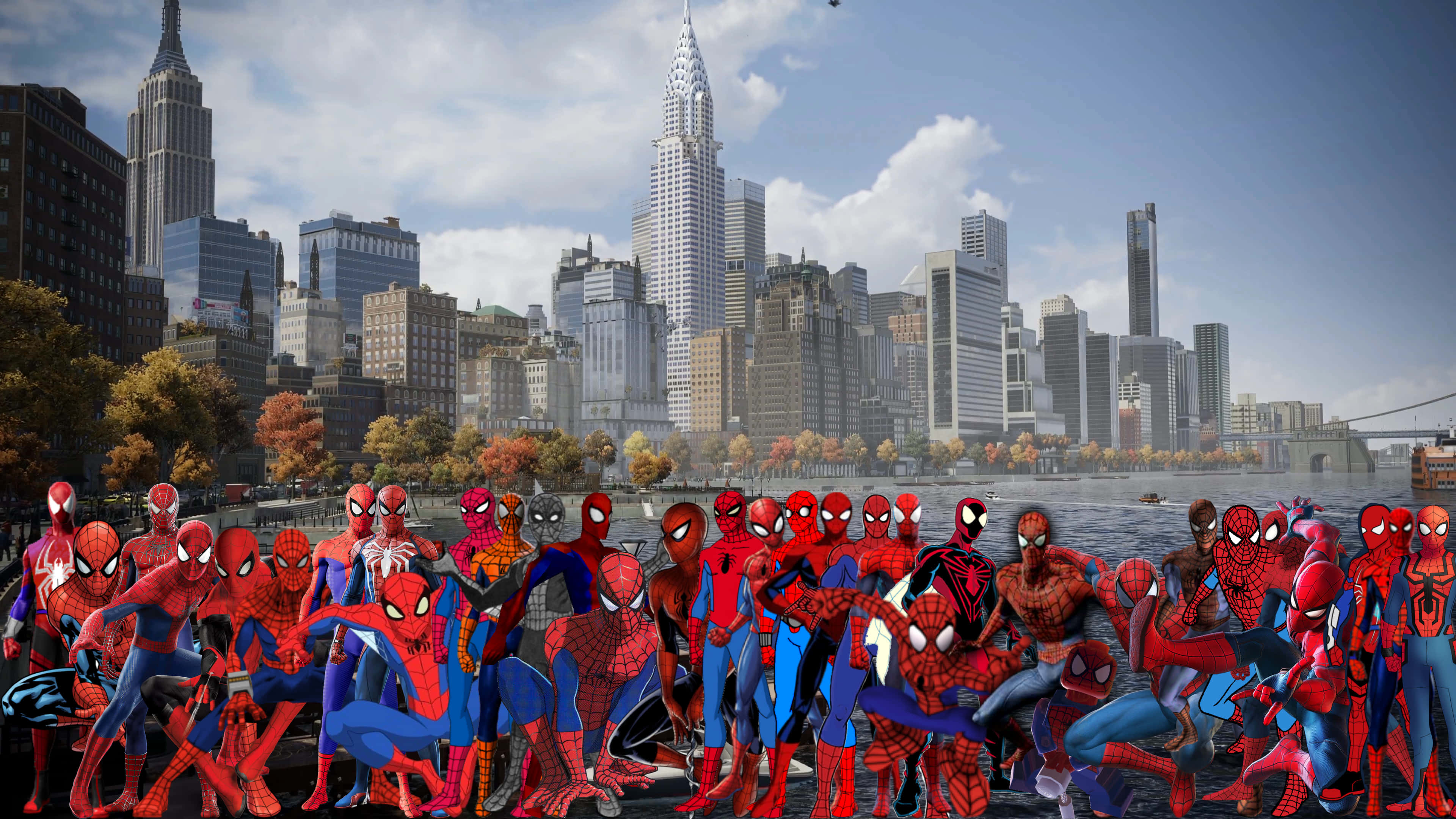 Ultimate Spider-man 桌布 壁紙 — 一群充滿活力的蜘蛛人變體在秋季的紐約市天際線前英勇地擺姿勢。