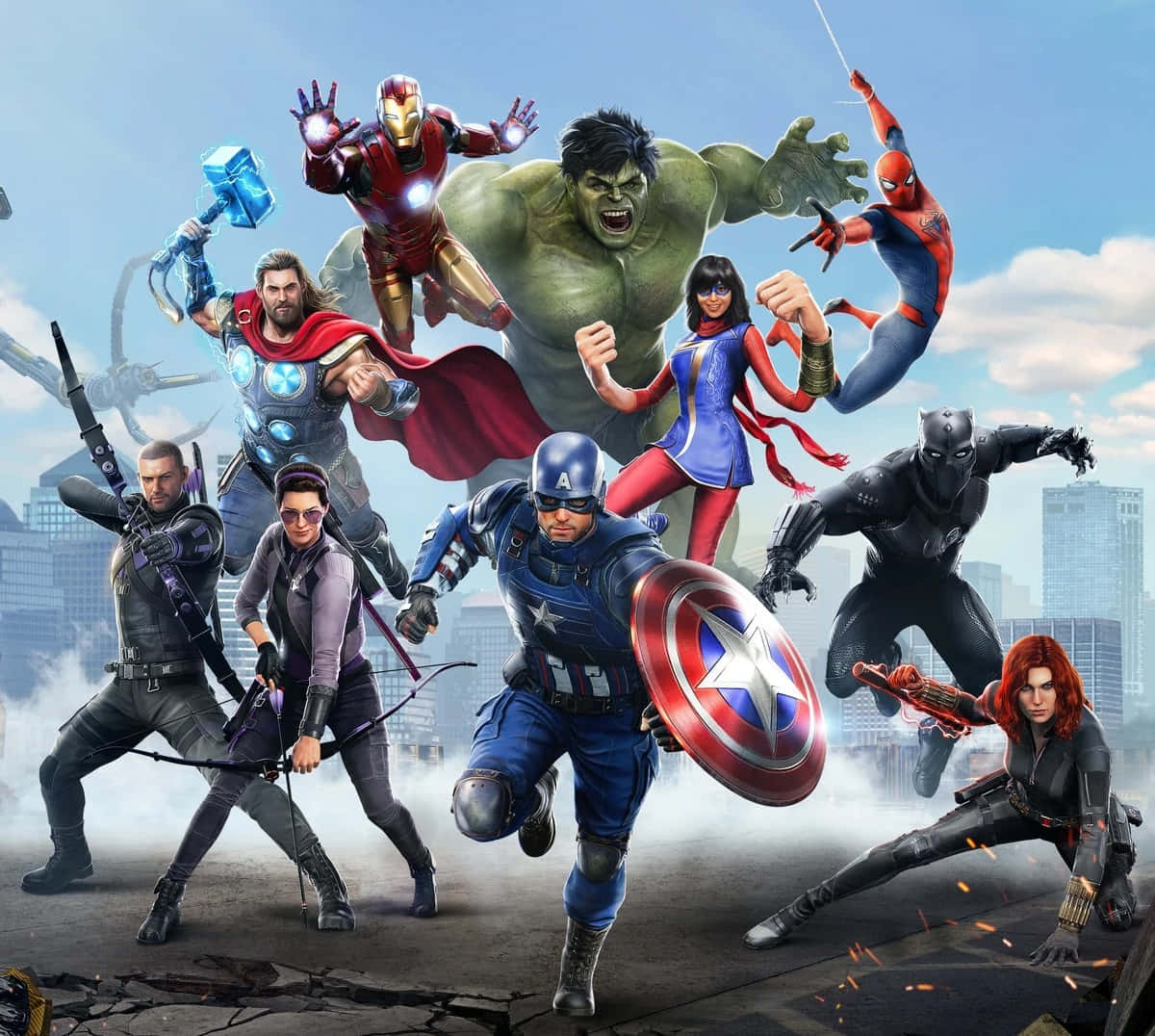 Super Team 桌布 壁紙 — 一群充滿活力的超級英雄，包括浩克、鋼鐵人和美國隊長，在明亮的藍天下以城市天際線為背景，英勇地擺出姿勢。