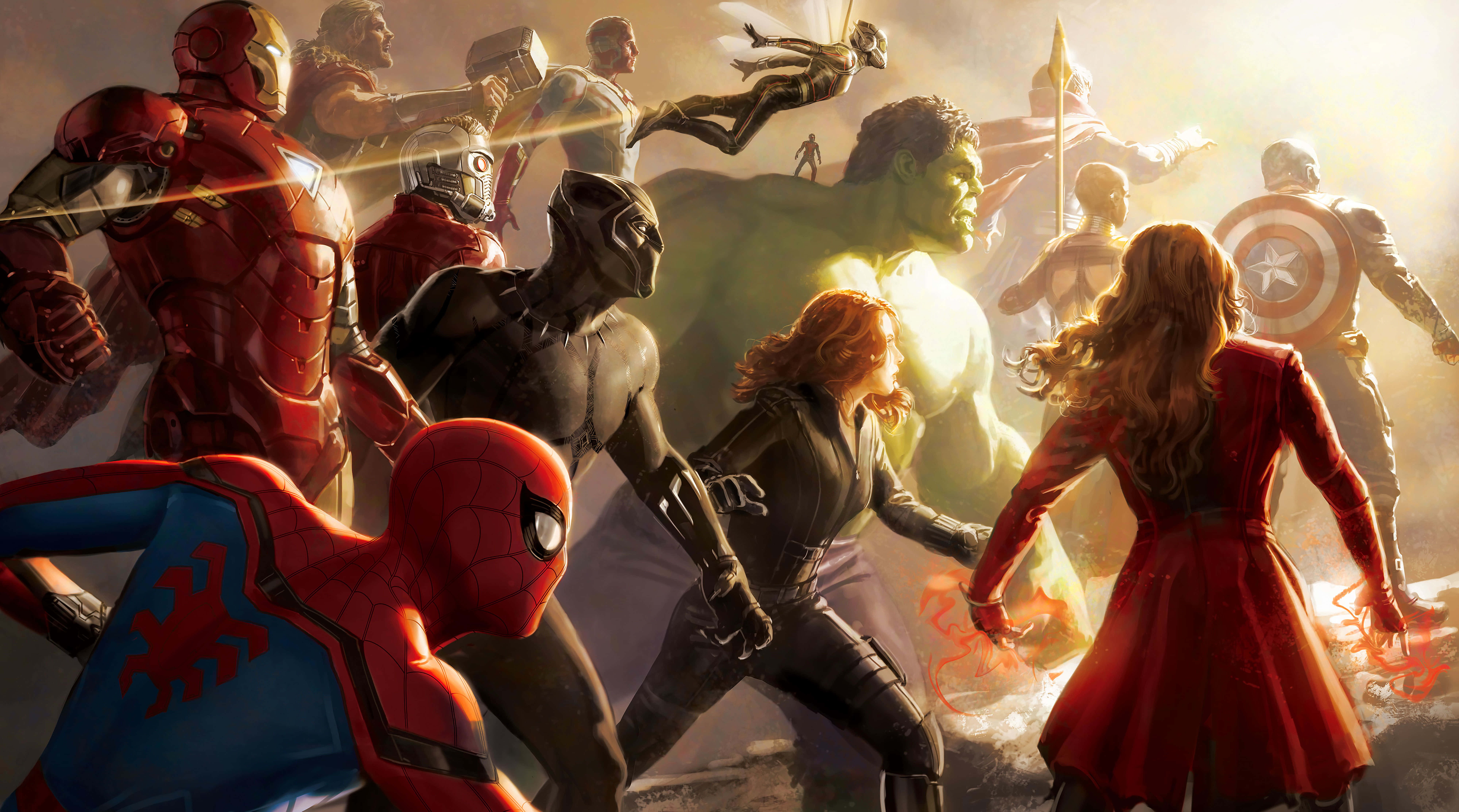 infinity war 桌布 壁紙 — 一群充滿活力的超級英雄，包括鋼鐵人、黑豹和蜘蛛人，在戲劇性的金色燈光場景中準備戰鬥。