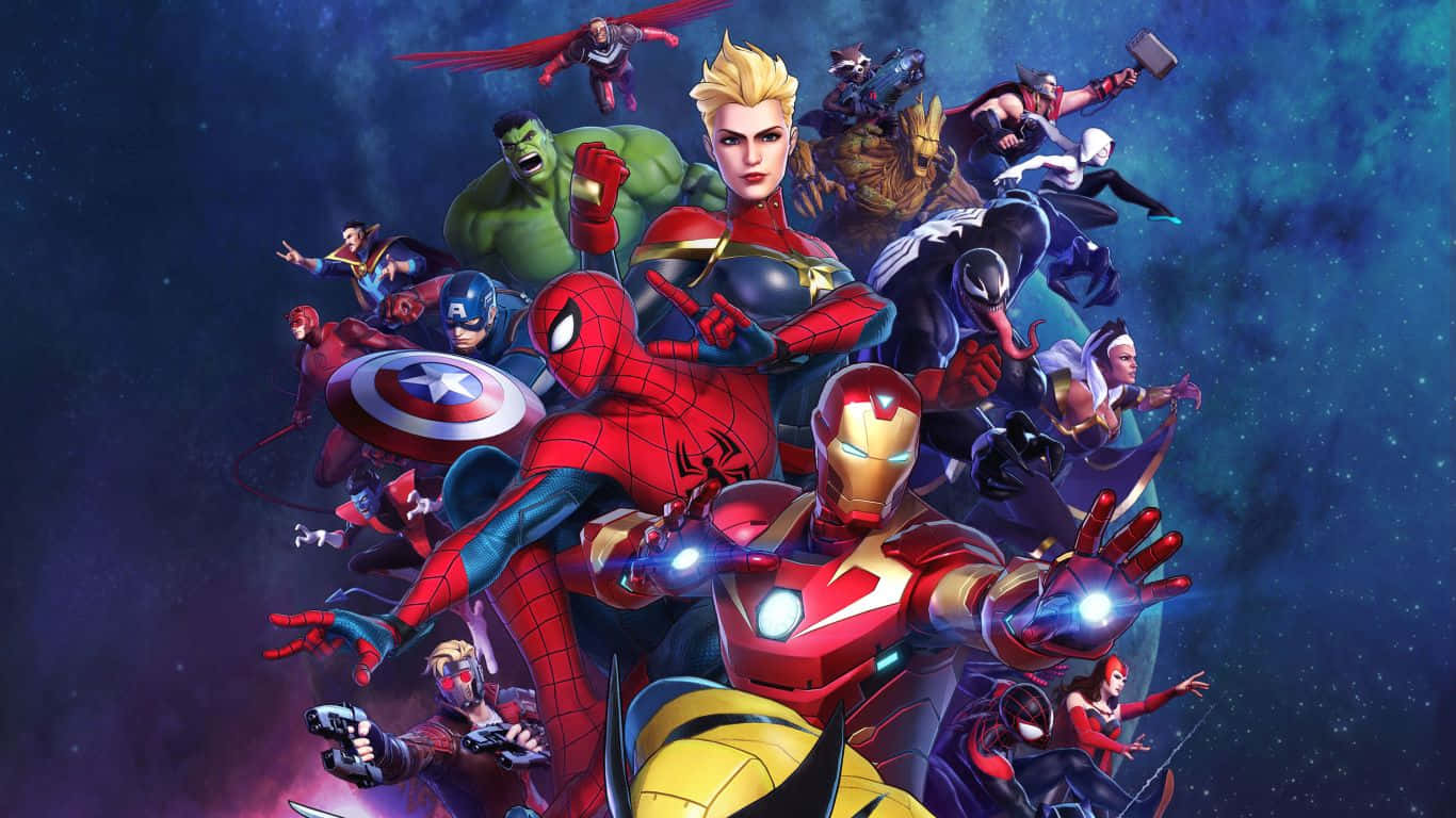 1366x768 Marvel 桌布 壁紙 — 一群充滿活力的超級英雄，包括鋼鐵人、蜘蛛人和美國隊長，在宇宙星空背景下英勇地擺出姿勢。