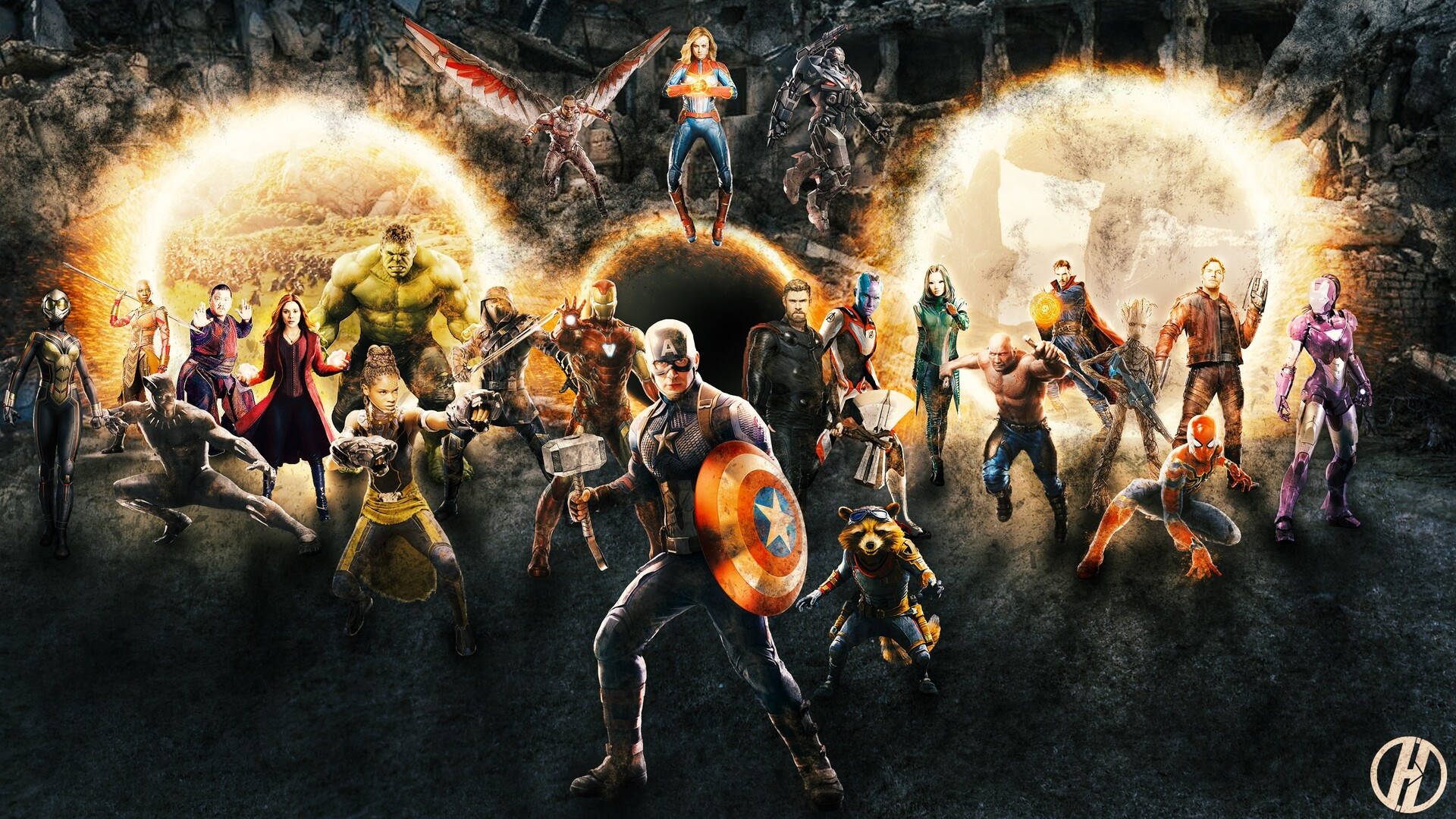 Assemble 桌布 壁紙 — 一群充滿活力的超級英雄和反派在黑暗洞穴中準備戰鬥，身後有發光的傳送門。