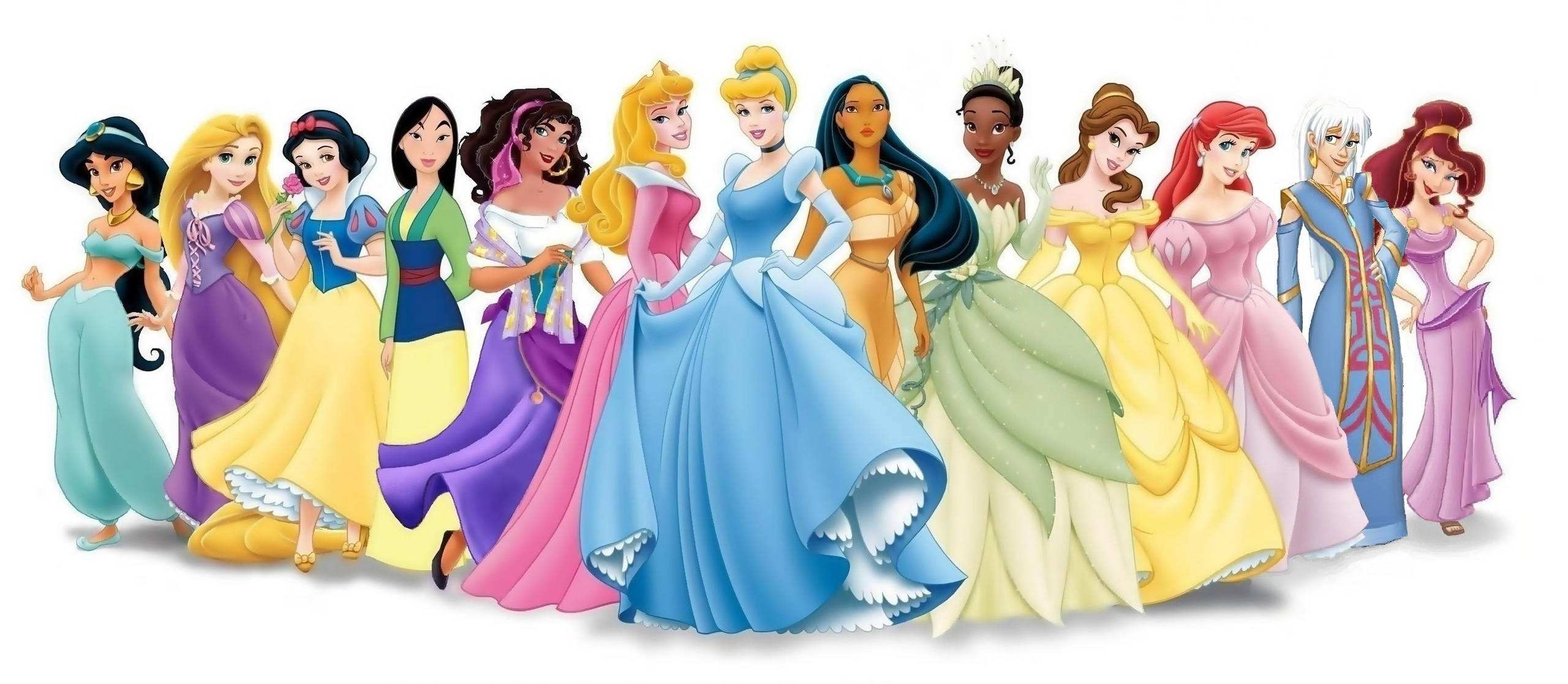 Princess 桌布 壁紙 — 一群充滿活力的迪士尼公主，身穿色彩繽紛的禮服，在純白色背景前自信地擺姿勢。