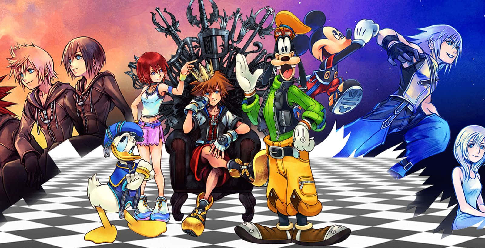 Kingdom Hearts Characters 桌布 壁紙 — 一群充滿活力的迪士尼和王國之心角色動漫風格，在棋盤格地板上以宇宙日落為背景動態擺姿勢。
