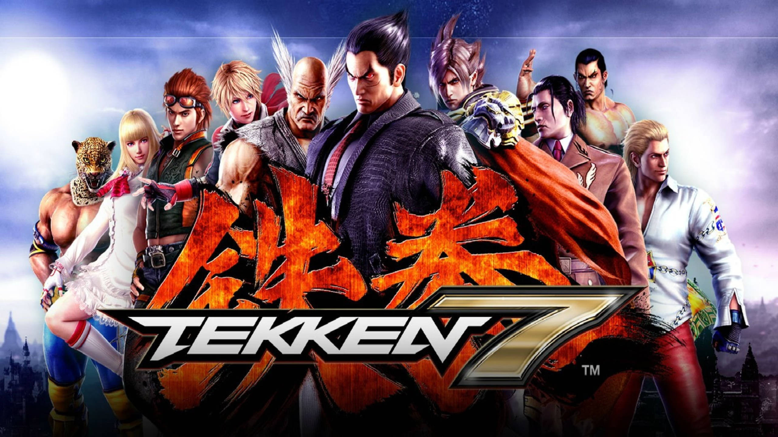 Tekken 桌布 壁紙 — 一群充滿活力的鐵拳7戰士在暴風雨的天空下英勇地擺出姿勢，帶有發光的標題文字。