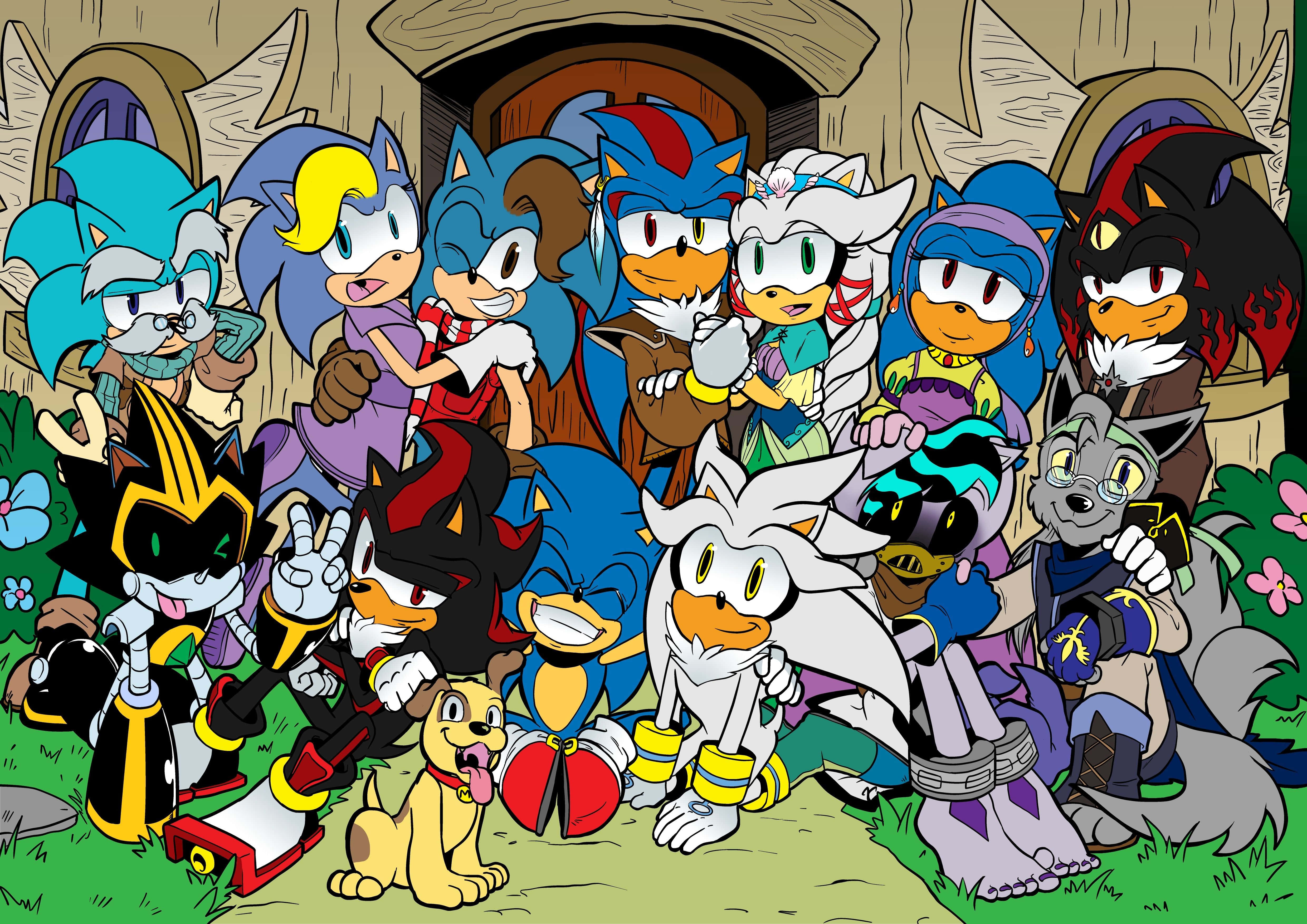 Sonic The Hedgehog Characters 桌布 壁紙 — 一群充滿活力的音速小子角色在帶有花朵和草地的石拱門前愉快地擺姿勢。