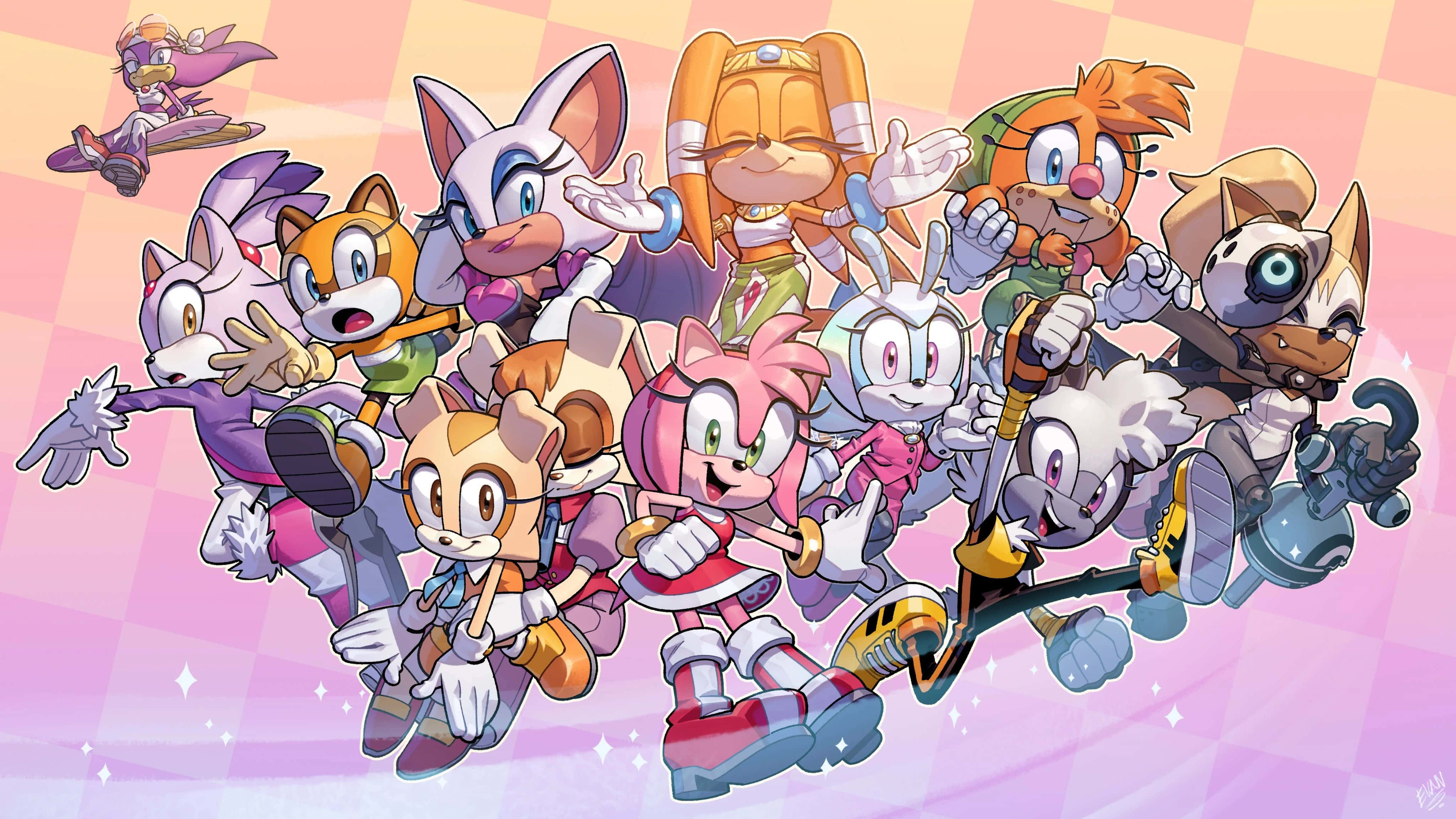 Sonic Characters 桌布 壁紙 — 一群充滿活力的音速小子角色在粉紅色格子背景上，搭配閃爍效果，充滿能量地擺出姿勢。