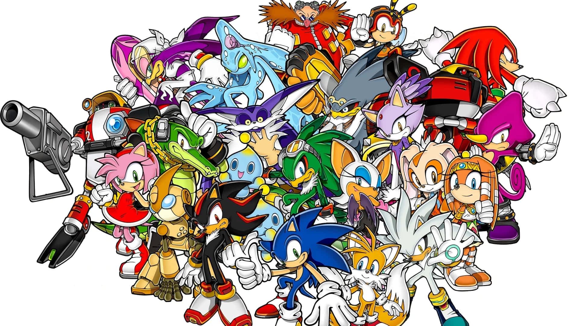 Sonic Characters 桌布 壁紙 — 一群充滿活力的音速小子角色在純白色背景上擺出動態姿勢。