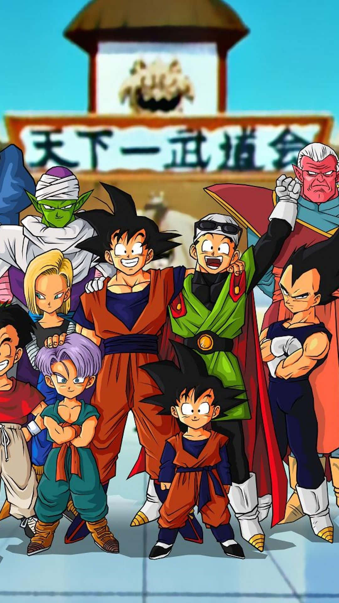 Dragon Ball Z Phone 桌布 壁紙 — 一群充滿活力的龍珠戰士動畫角色在天下一武道會標誌前自信地擺姿勢。
