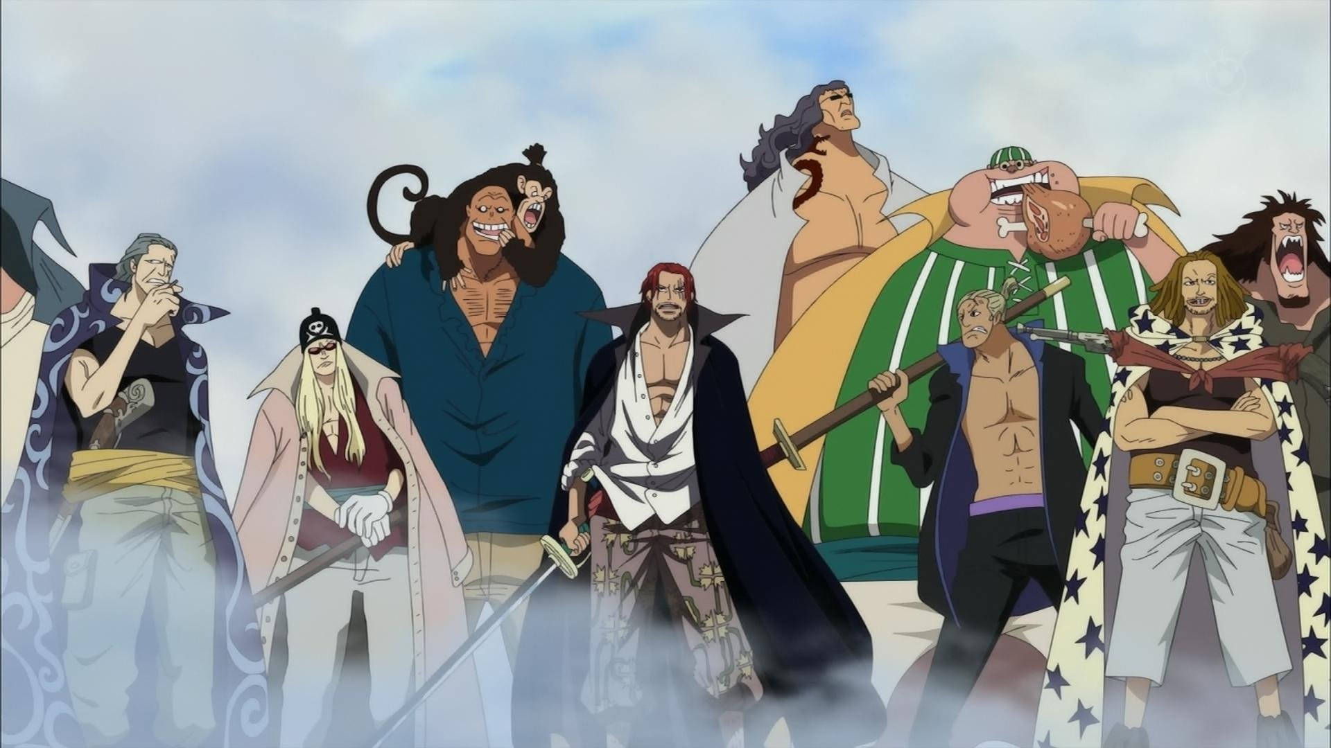 Shanks 桌布 壁紙 — 一群兇猛的動漫海盜，手持劍和獨特服裝，在陰雲密布的天空下挑釁地站立。