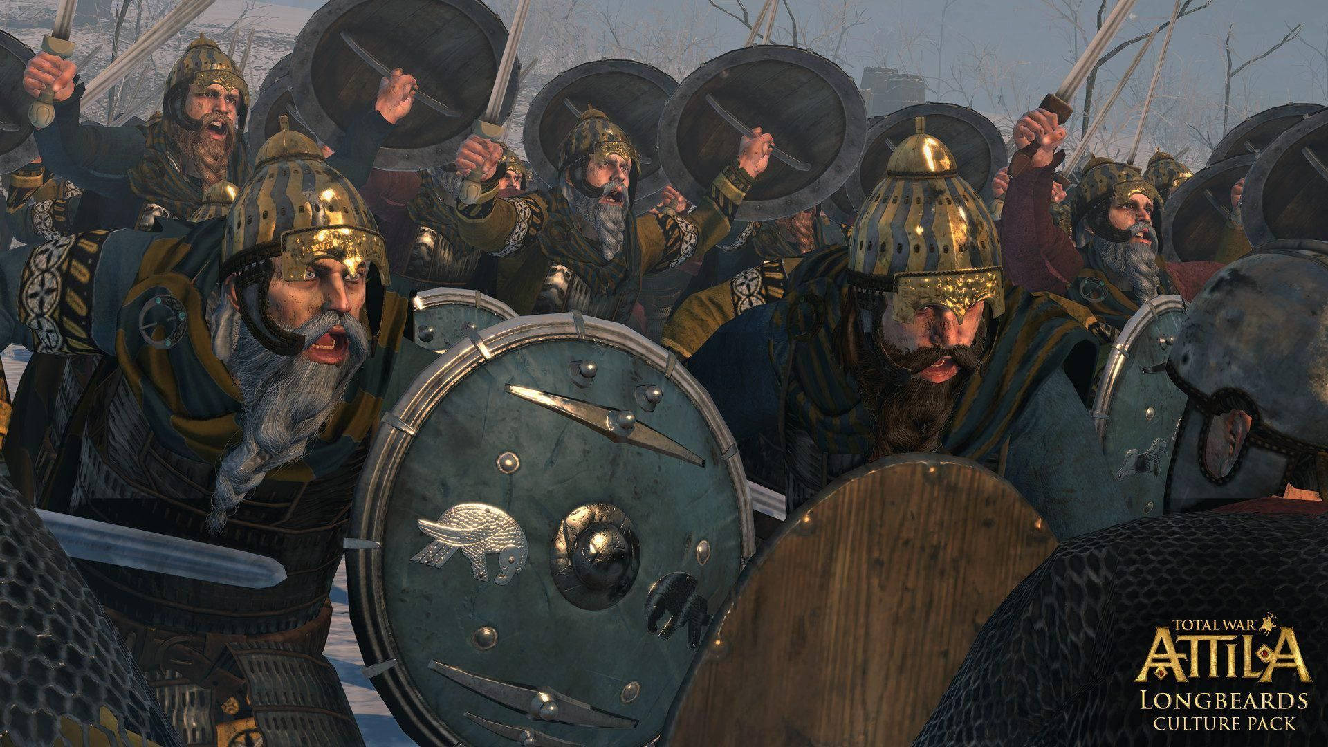 Attila 桌布 壁紙 — 一群兇猛的維京戰士在冬日雪地中持盾、劍與戰吼向前衝鋒。