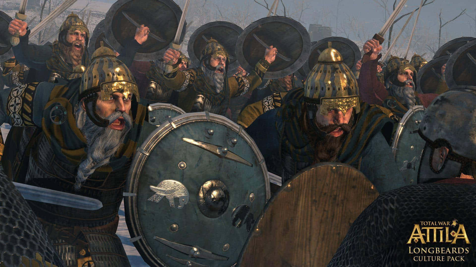 HD Total War Attila 桌布 壁紙 — 一群兇猛的維京戰士在雪地戰場上揮舞劍和圓盾向前衝鋒。