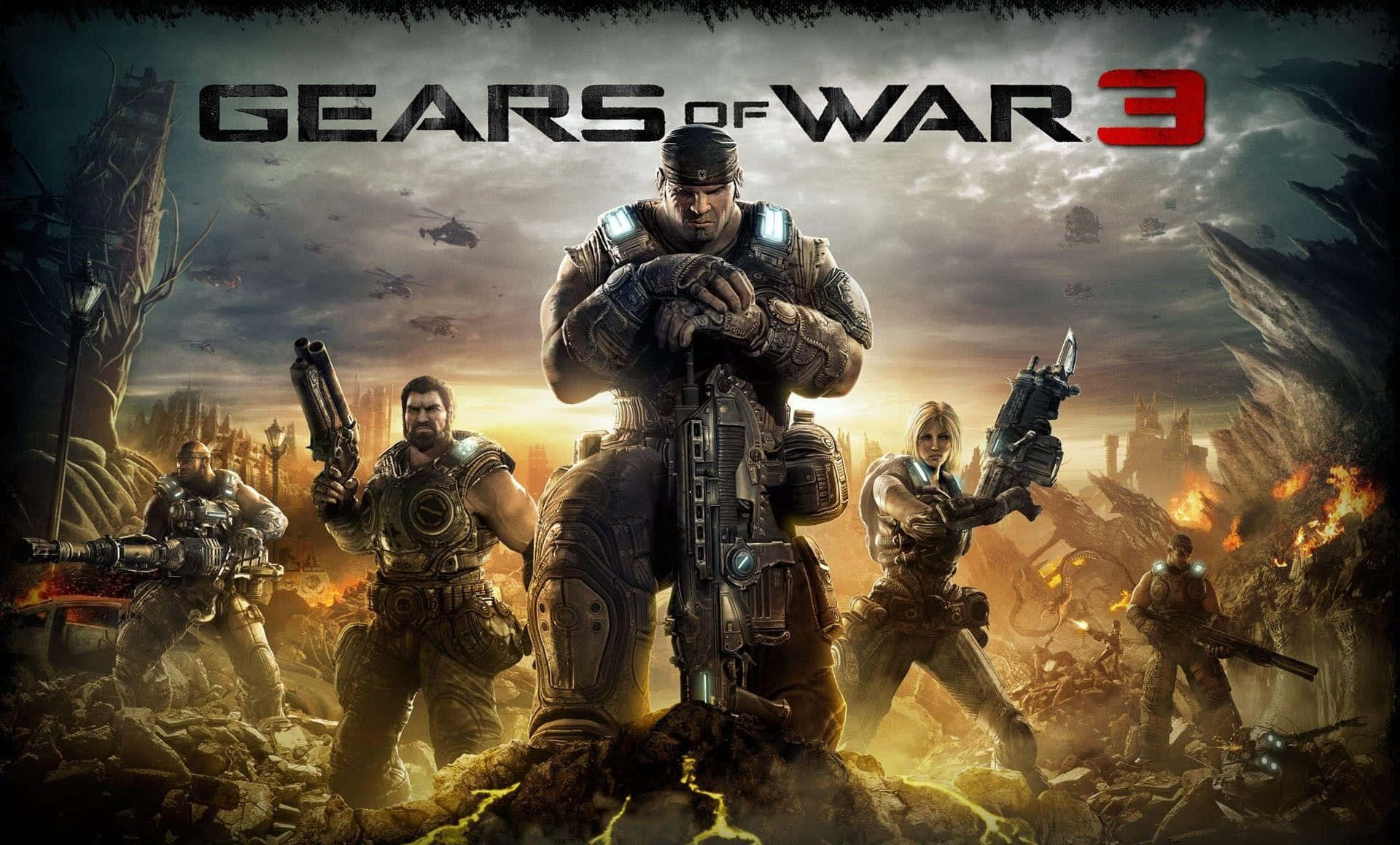 Xbox Games 桌布 壁紙 — 一群全副武裝的士兵在暴風雨的天空下，於戰火摧殘、烈焰燃燒的戰場上挑釁地站立。