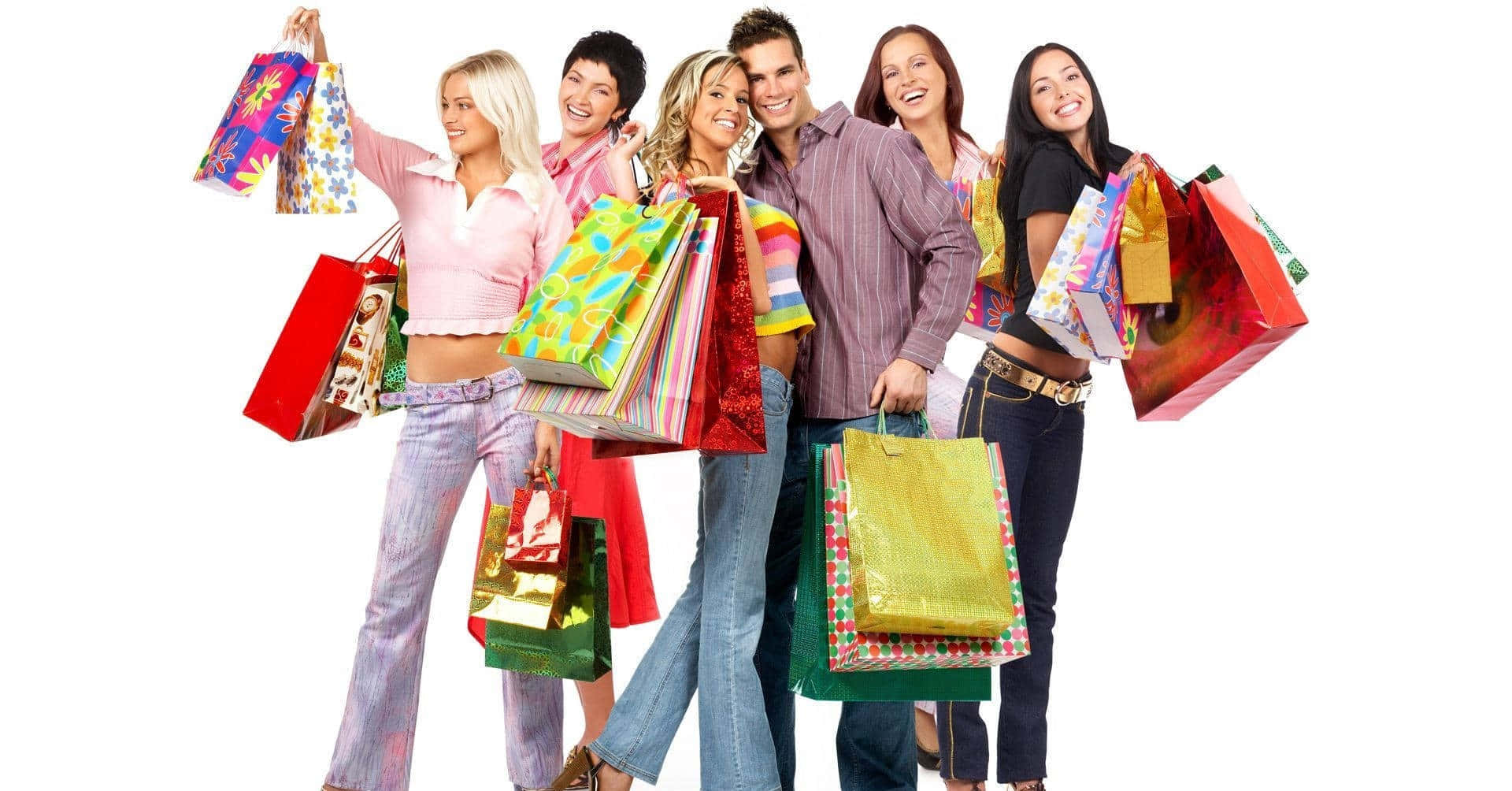 Shopping 桌布 壁紙 — 一群六個朋友愉快地展示色彩繽紛的購物袋，背景為純白色。